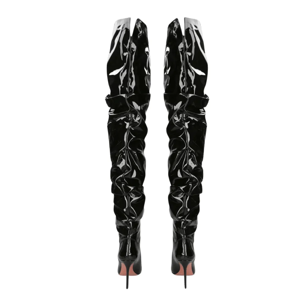 Woman's Brown Suede Stiletto Thigh High Boots Pointed Toe Slip-On Pleated Super High Heel Denim Boots