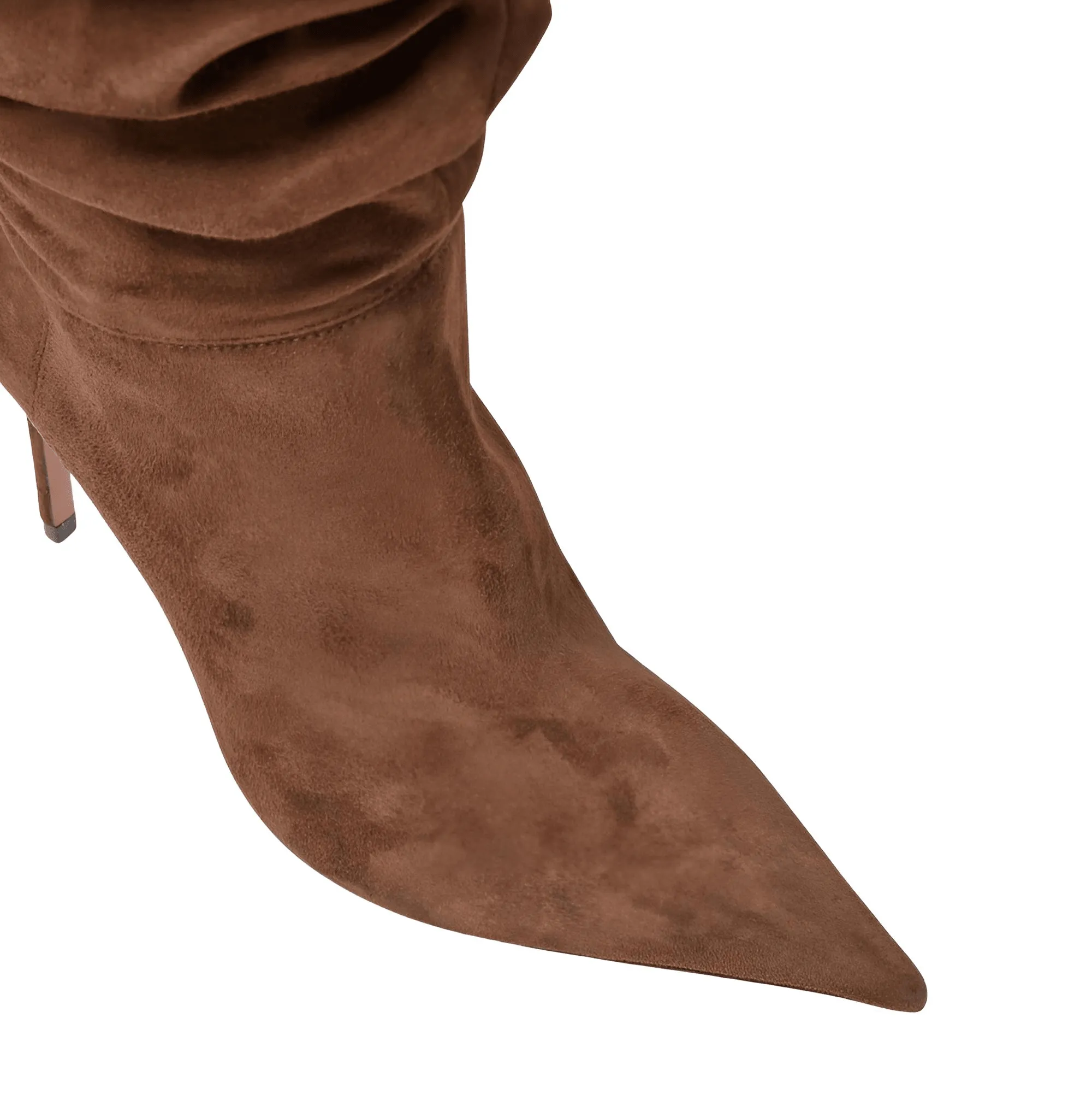 Woman's Brown Suede Stiletto Thigh High Boots Pointed Toe Slip-On Pleated Super High Heel Denim Boots