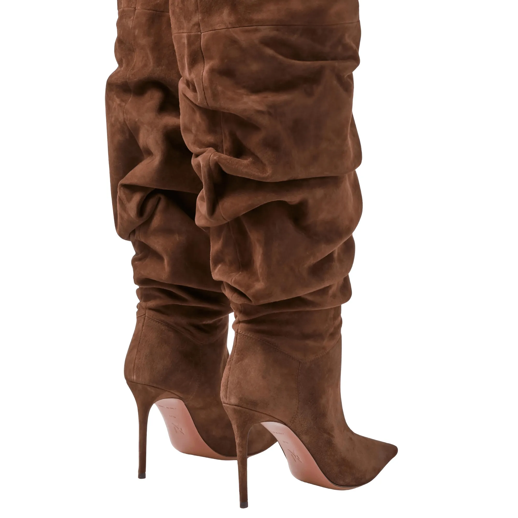 Woman's Brown Suede Stiletto Thigh High Boots Pointed Toe Slip-On Pleated Super High Heel Denim Boots