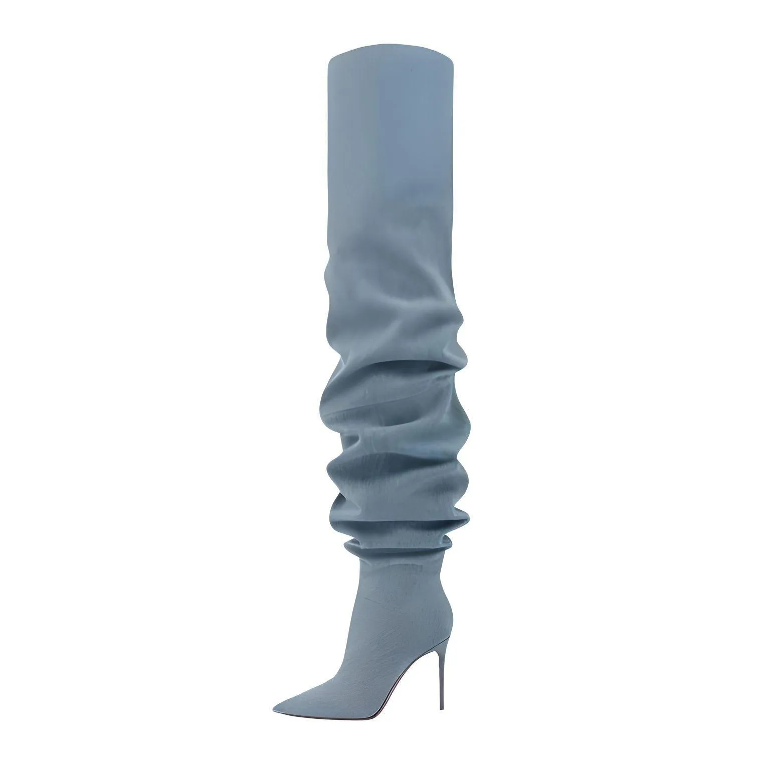 Woman's Brown Suede Stiletto Thigh High Boots Pointed Toe Slip-On Pleated Super High Heel Denim Boots