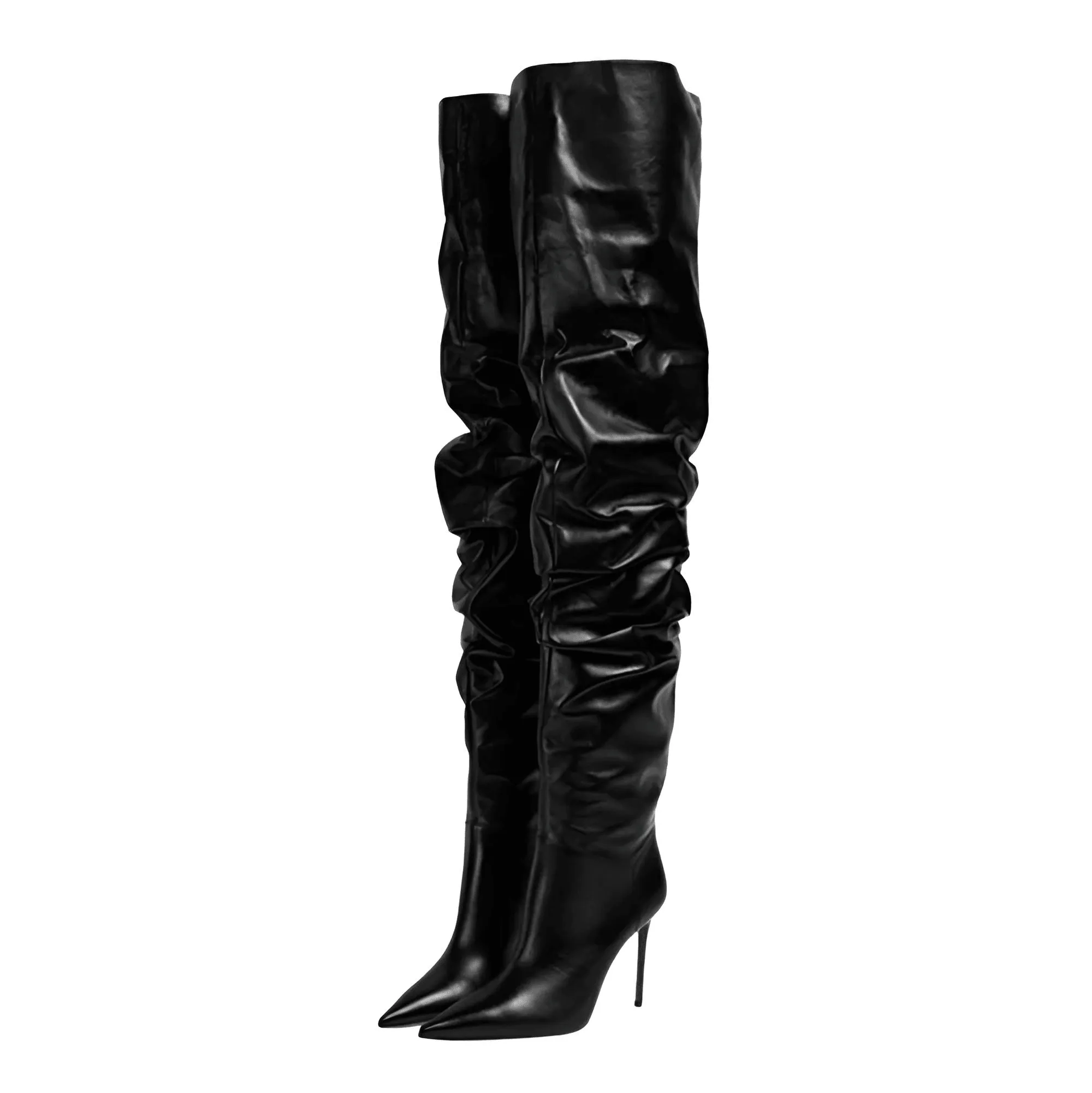 Woman's Brown Suede Stiletto Thigh High Boots Pointed Toe Slip-On Pleated Super High Heel Denim Boots