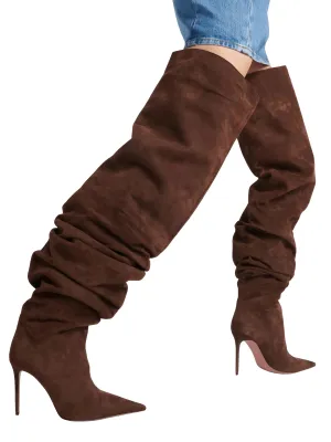 Woman's Brown Suede Stiletto Thigh High Boots Pointed Toe Slip-On Pleated Super High Heel Denim Boots
