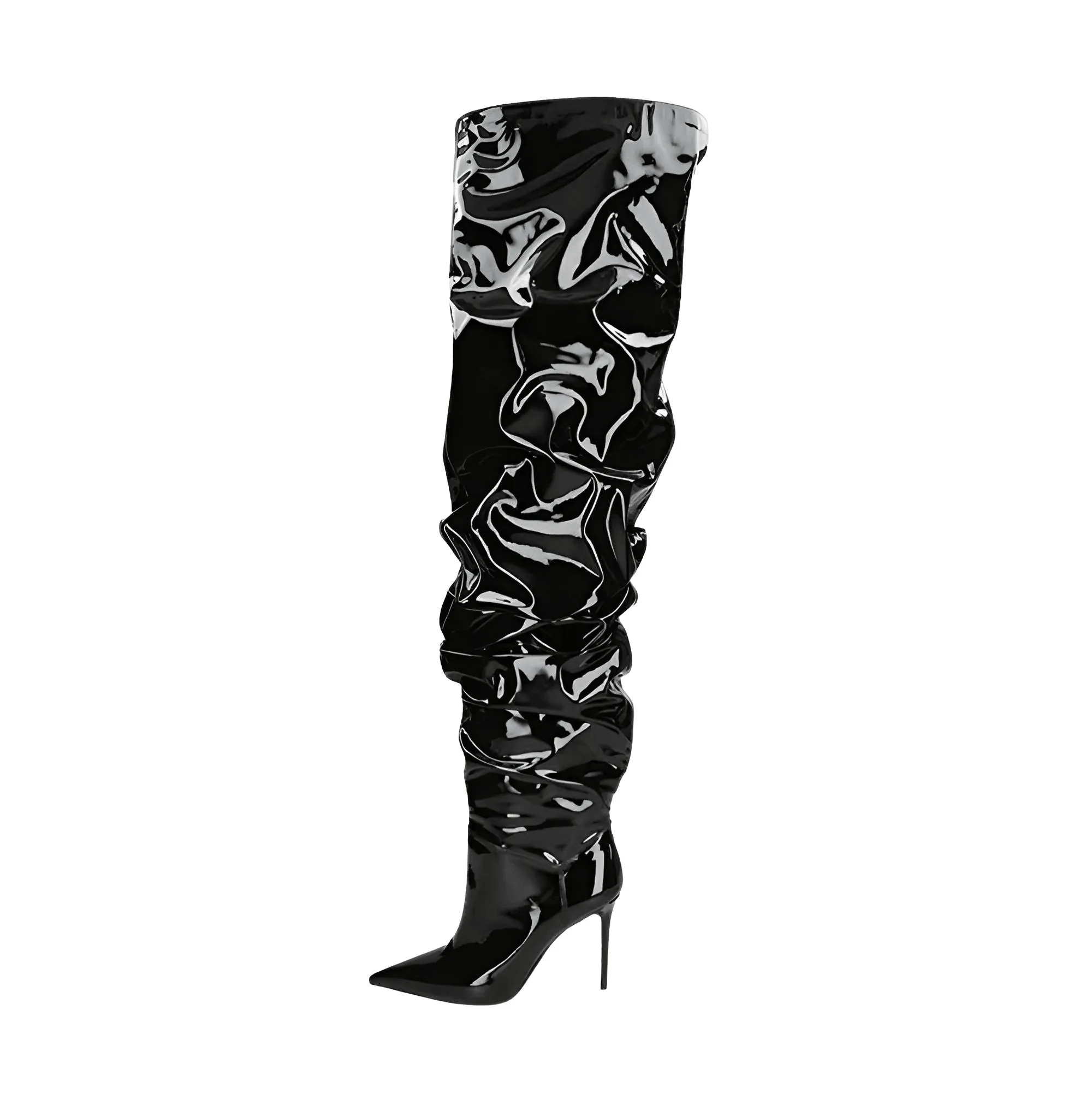 Woman's Brown Suede Stiletto Thigh High Boots Pointed Toe Slip-On Pleated Super High Heel Denim Boots