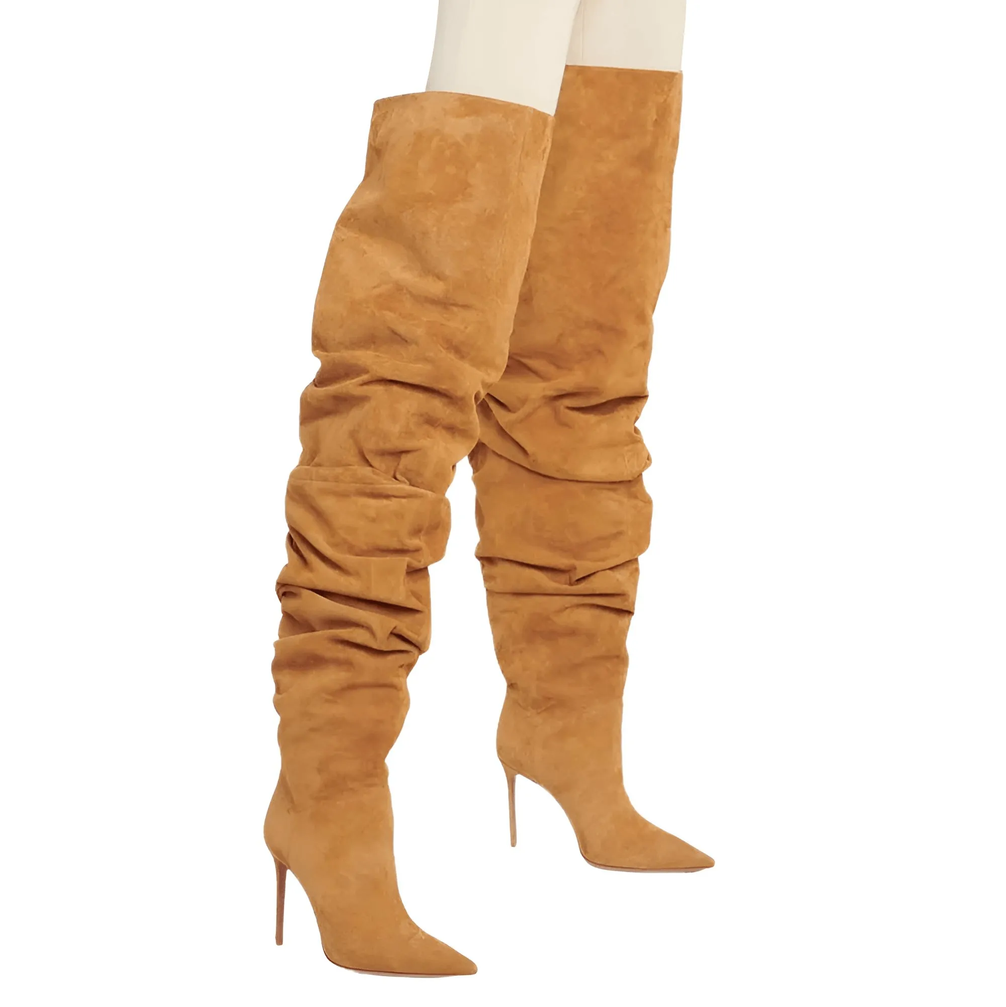 Woman's Brown Suede Stiletto Thigh High Boots Pointed Toe Slip-On Pleated Super High Heel Denim Boots