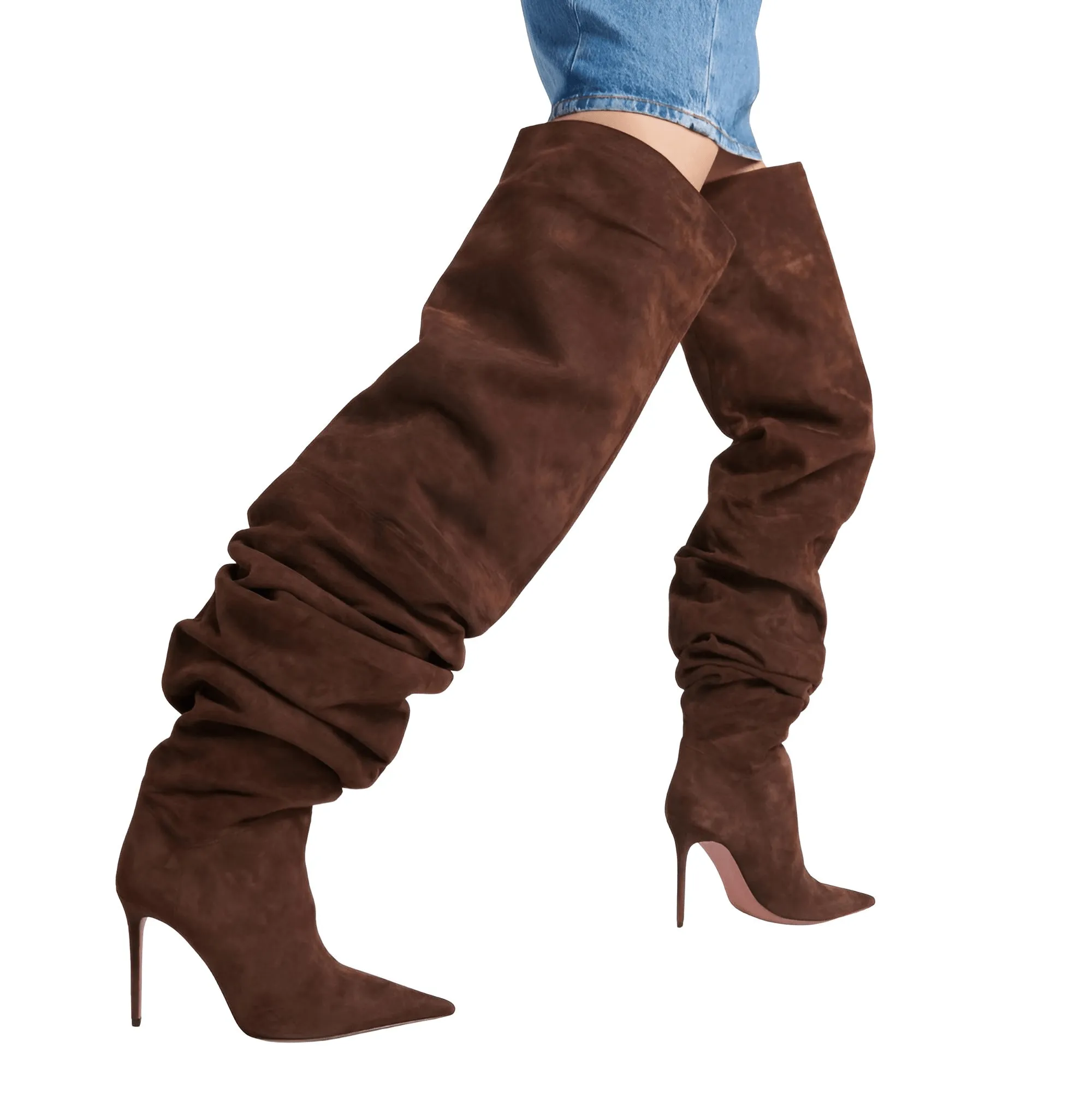 Woman's Brown Suede Stiletto Thigh High Boots Pointed Toe Slip-On Pleated Super High Heel Denim Boots