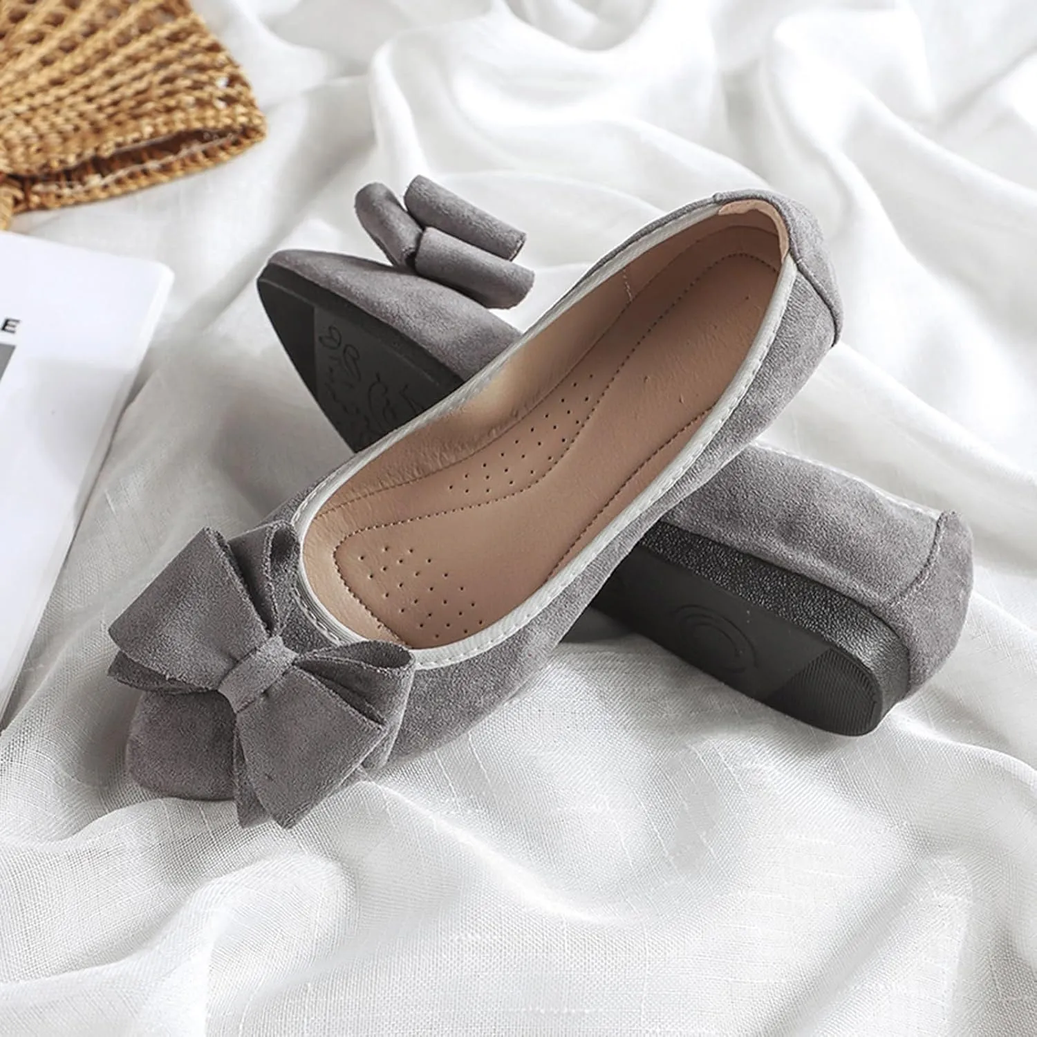 Women Ballet Flats Fashion Bowknot Suede Comfort Pointed Toe Slip On Dress Shoes