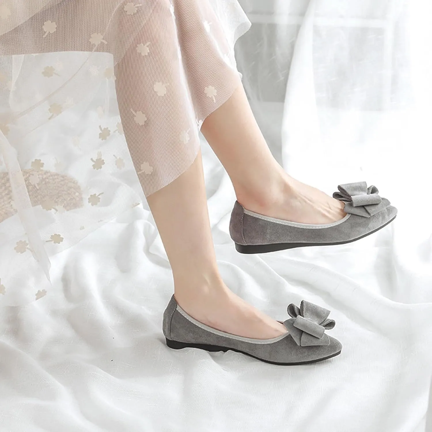 Women Ballet Flats Fashion Bowknot Suede Comfort Pointed Toe Slip On Dress Shoes