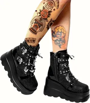 Women Black Lace up Goth Platform Boots Round-Toe Lace Up Combat Ankle Boots Cosplay Fashion Punk Motorcycle Booties