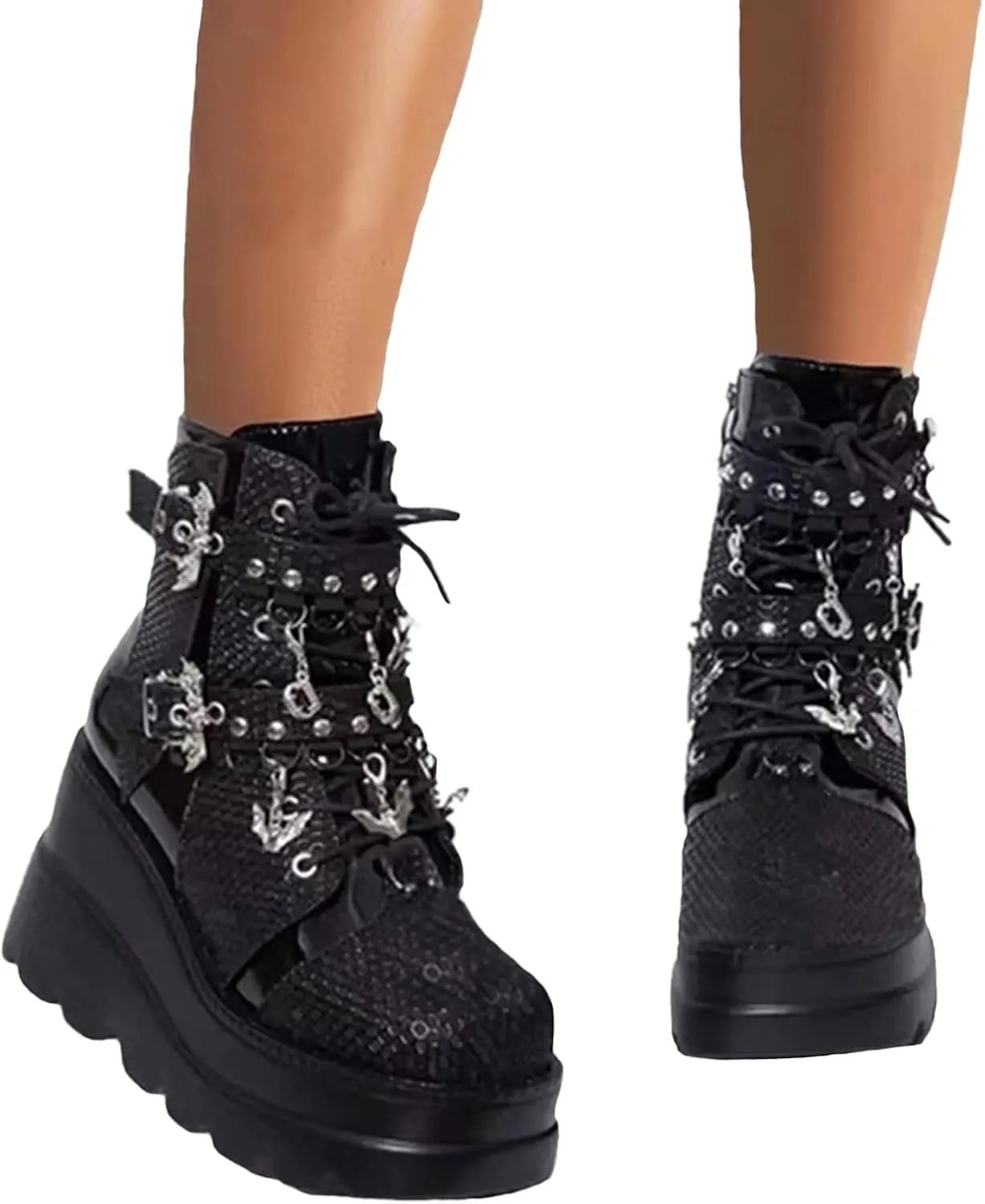 Women Black Lace up Goth Platform Boots Round-Toe Lace Up Combat Ankle Boots Cosplay Fashion Punk Motorcycle Booties
