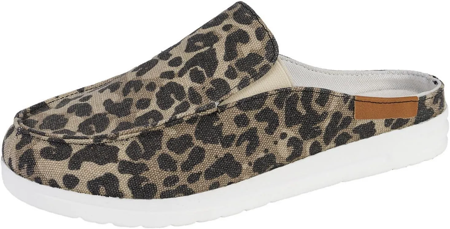 Women Canvas Slip On Lightweight Mule Sneaker,Summer Fashion Back Flats Walking Shoes Closed Round Toe Low Top Casual Loafer Comfort Leopard Print Flat Slippers,Non-Slip Sneakers 2025