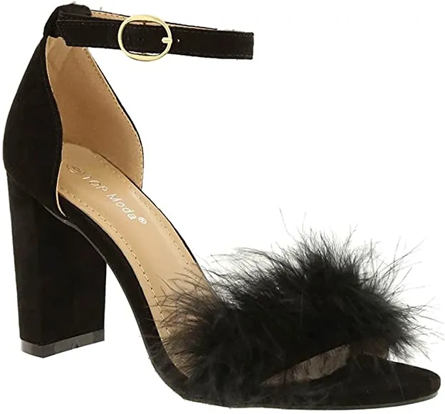 Women Chunky Heels Ankle Strap Sandals with Fur Konner by Top Guy