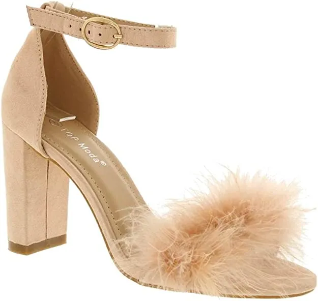 Women Chunky Heels Ankle Strap Sandals with Fur Konner by Top Guy