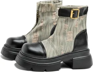 Women Denim boots Cap Toe Chunky Heel combat boots Short Ankle Zipper Booties
