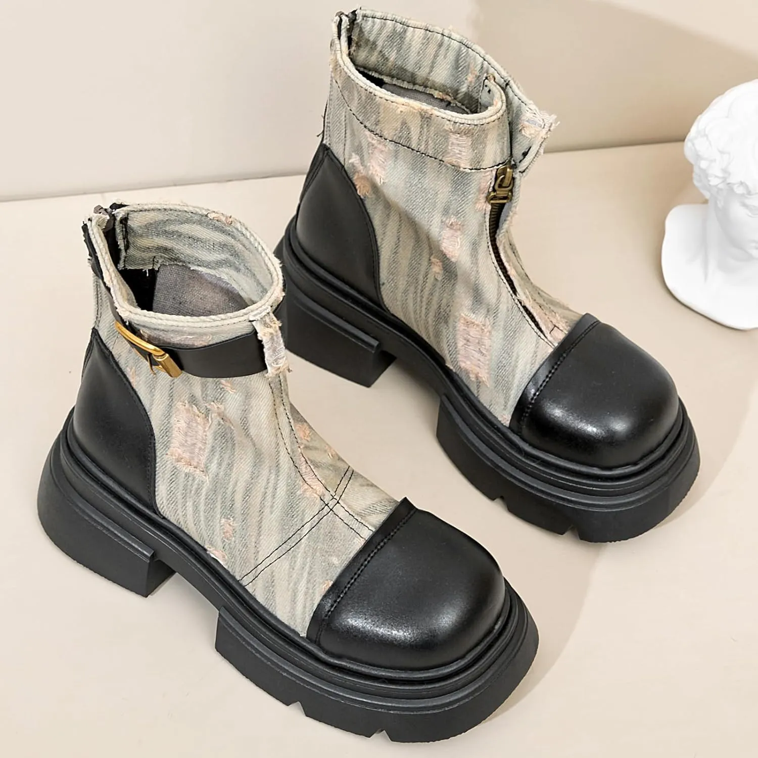 Women Denim boots Cap Toe Chunky Heel combat boots Short Ankle Zipper Booties