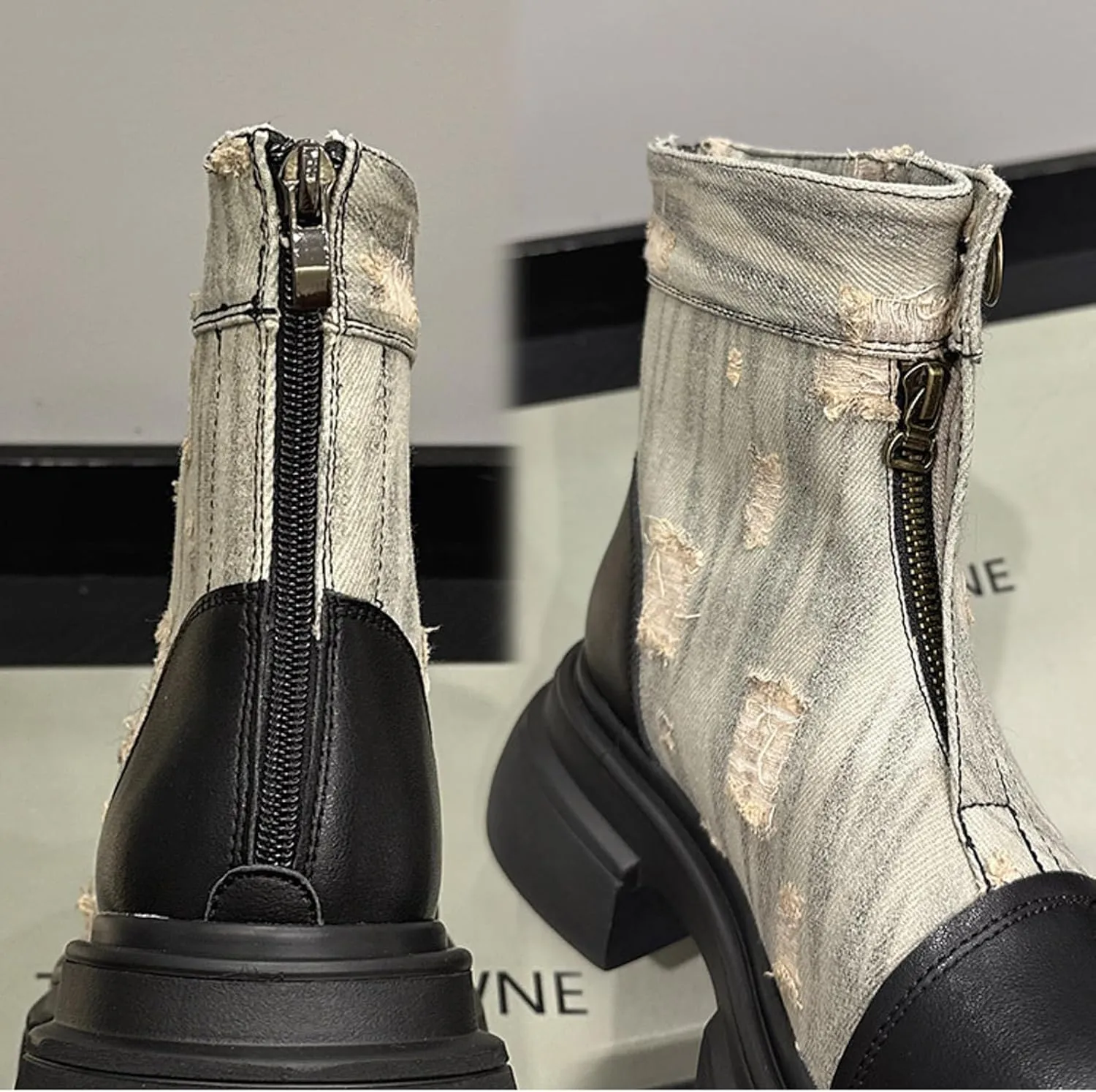 Women Denim boots Cap Toe Chunky Heel combat boots Short Ankle Zipper Booties