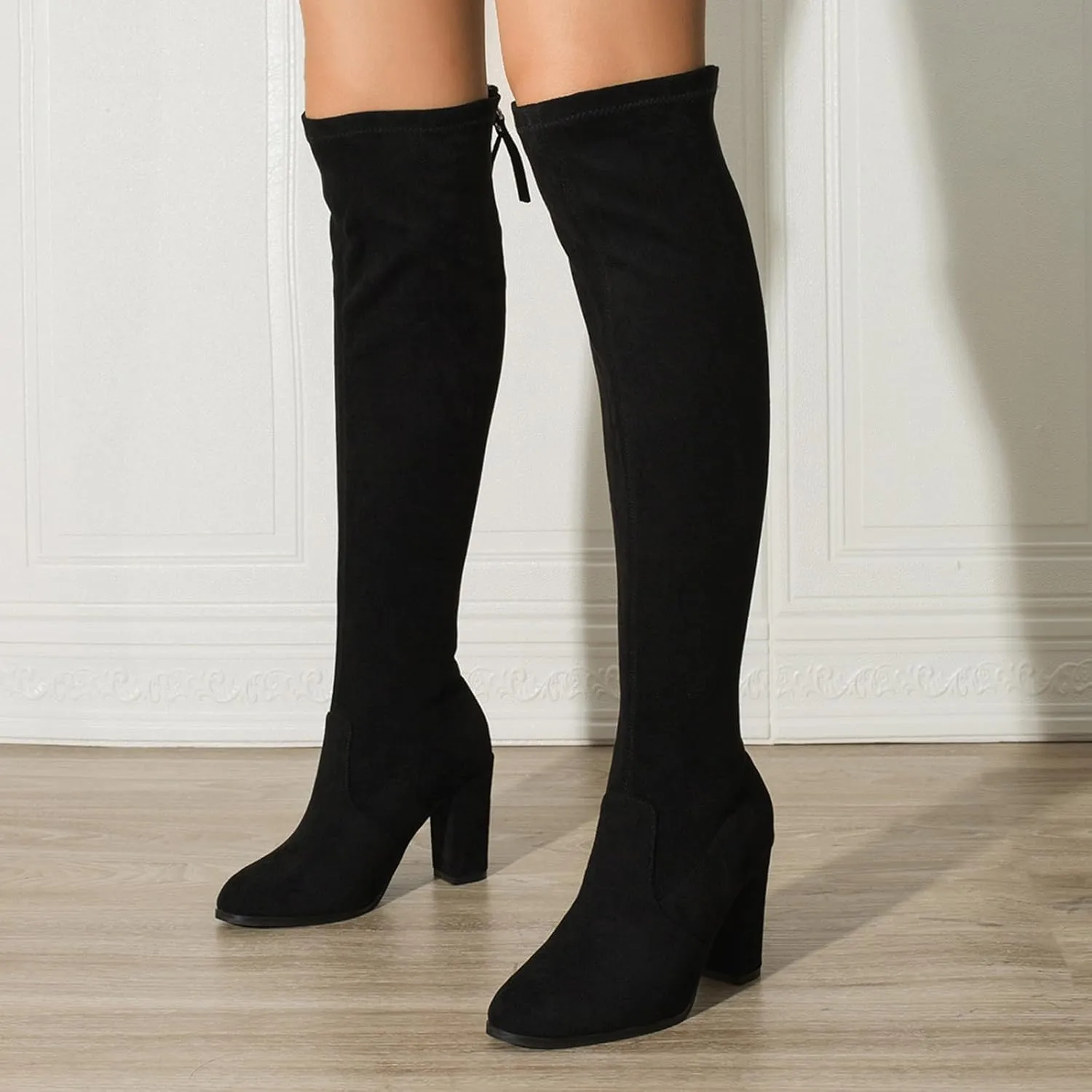 Women Knee High Boots Fashionable New Pattern Simple Solid Color Round Toe Thick Heel Womens Long Boot Cuff Socks