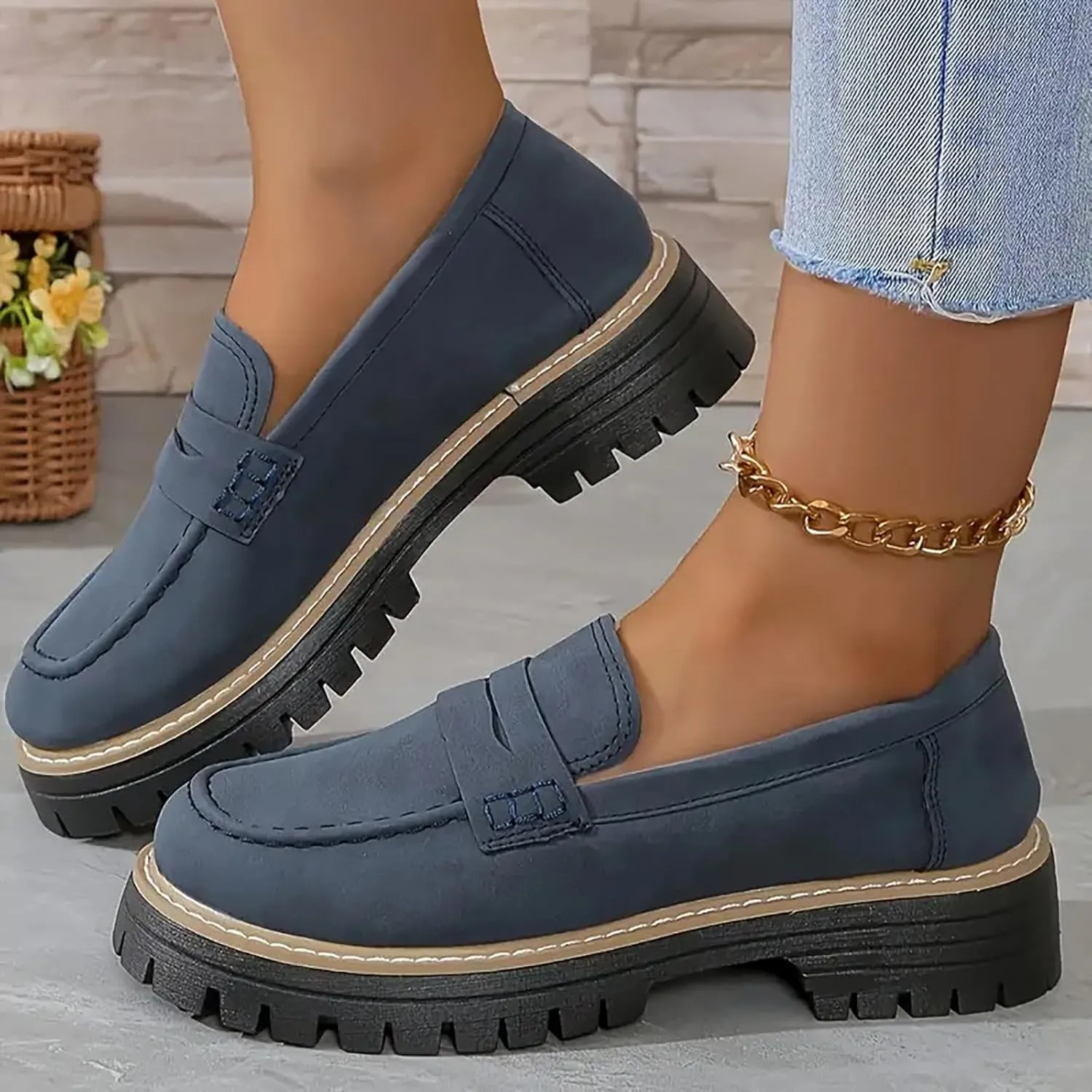 Women Loafers Shoes Comfortable Dress Shoes Platform Leather Shoes Chunky Penny Loafers Wide Oxford Loafers Work Shoe