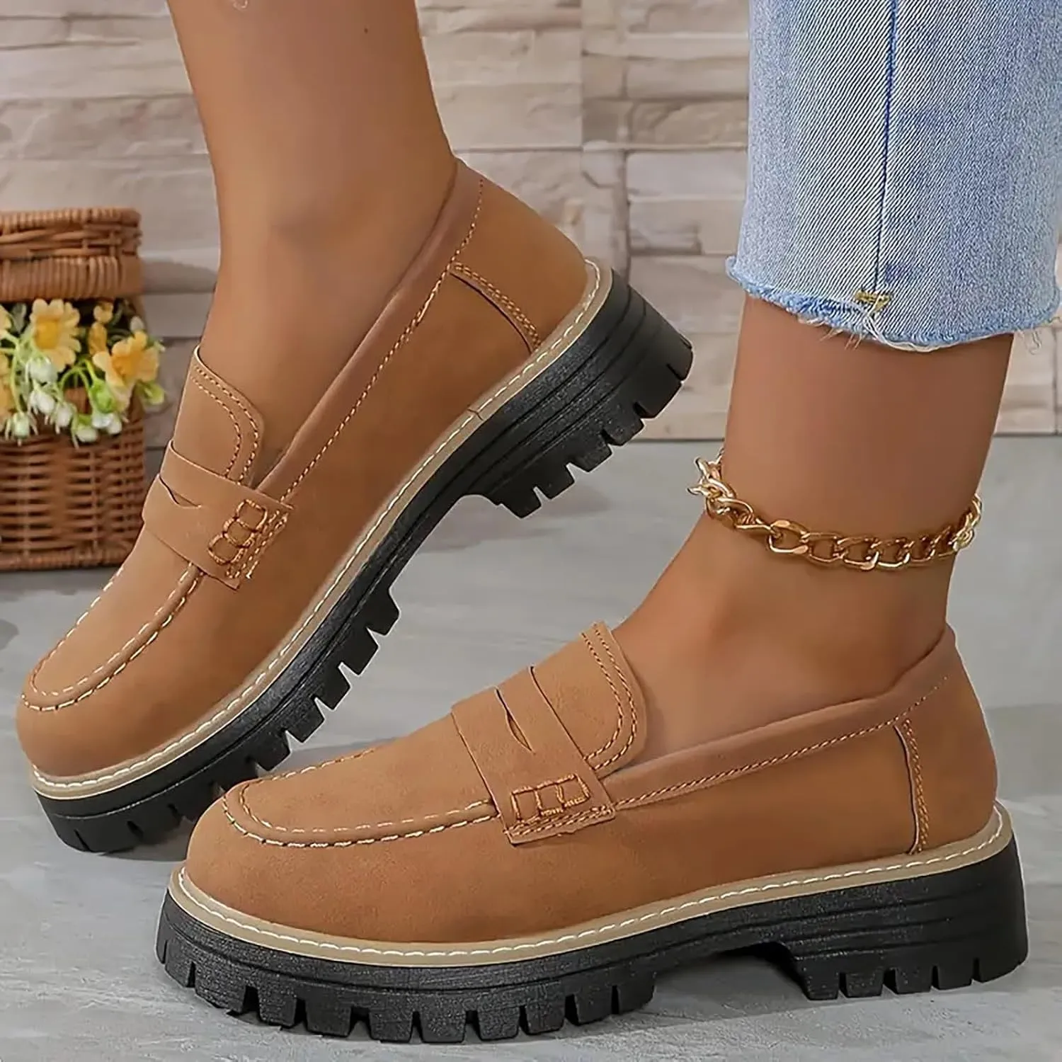 Women Loafers Shoes Comfortable Dress Shoes Platform Leather Shoes Chunky Penny Loafers Wide Oxford Loafers Work Shoe