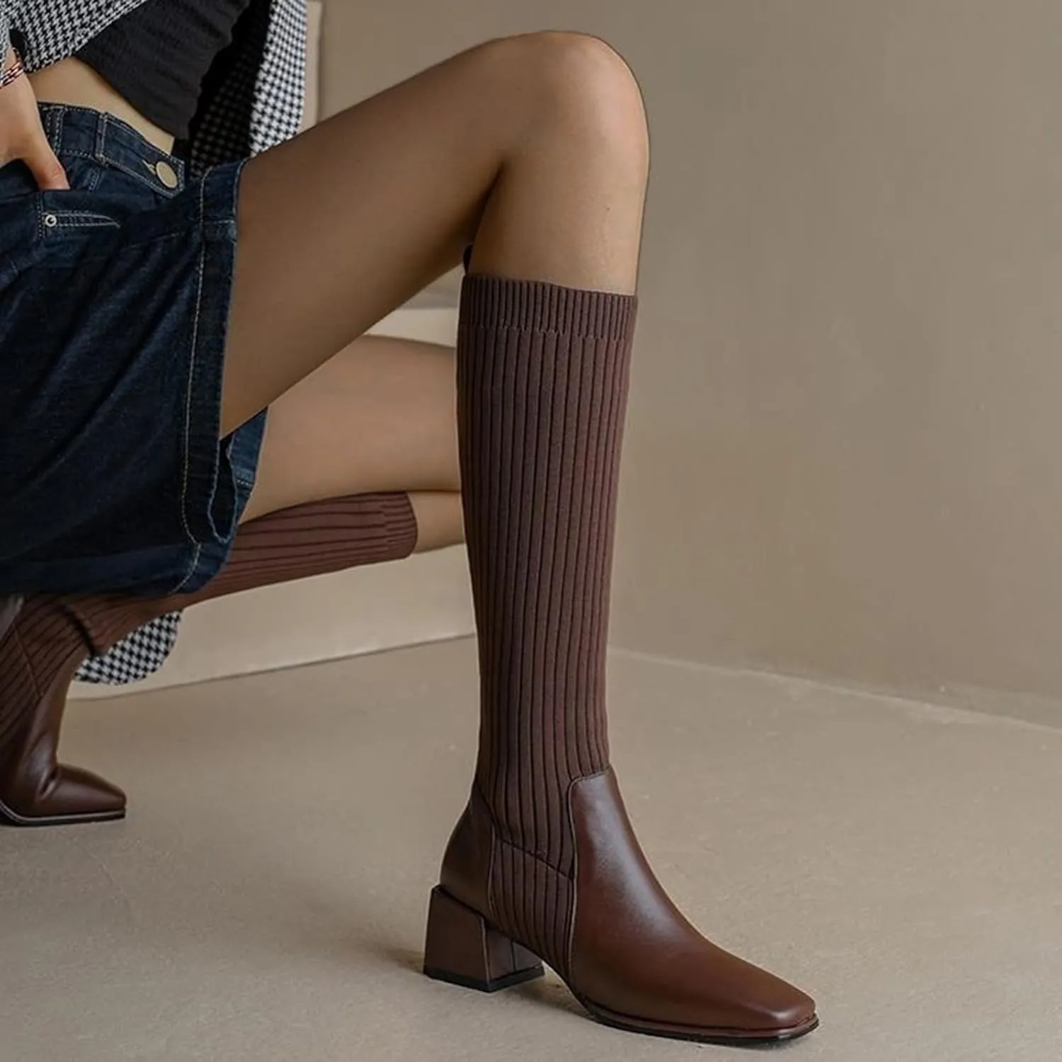Women Mid Calf Boots Autumn And Winter Fashion Stretch Knitted Leather Stitching Pure Color Comfortable Square Toe Square Heel Rain Booth Woman