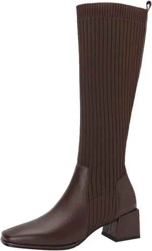 Women Mid Calf Boots Autumn And Winter Fashion Stretch Knitted Leather Stitching Pure Color Comfortable Square Toe Square Heel Rain Booth Woman