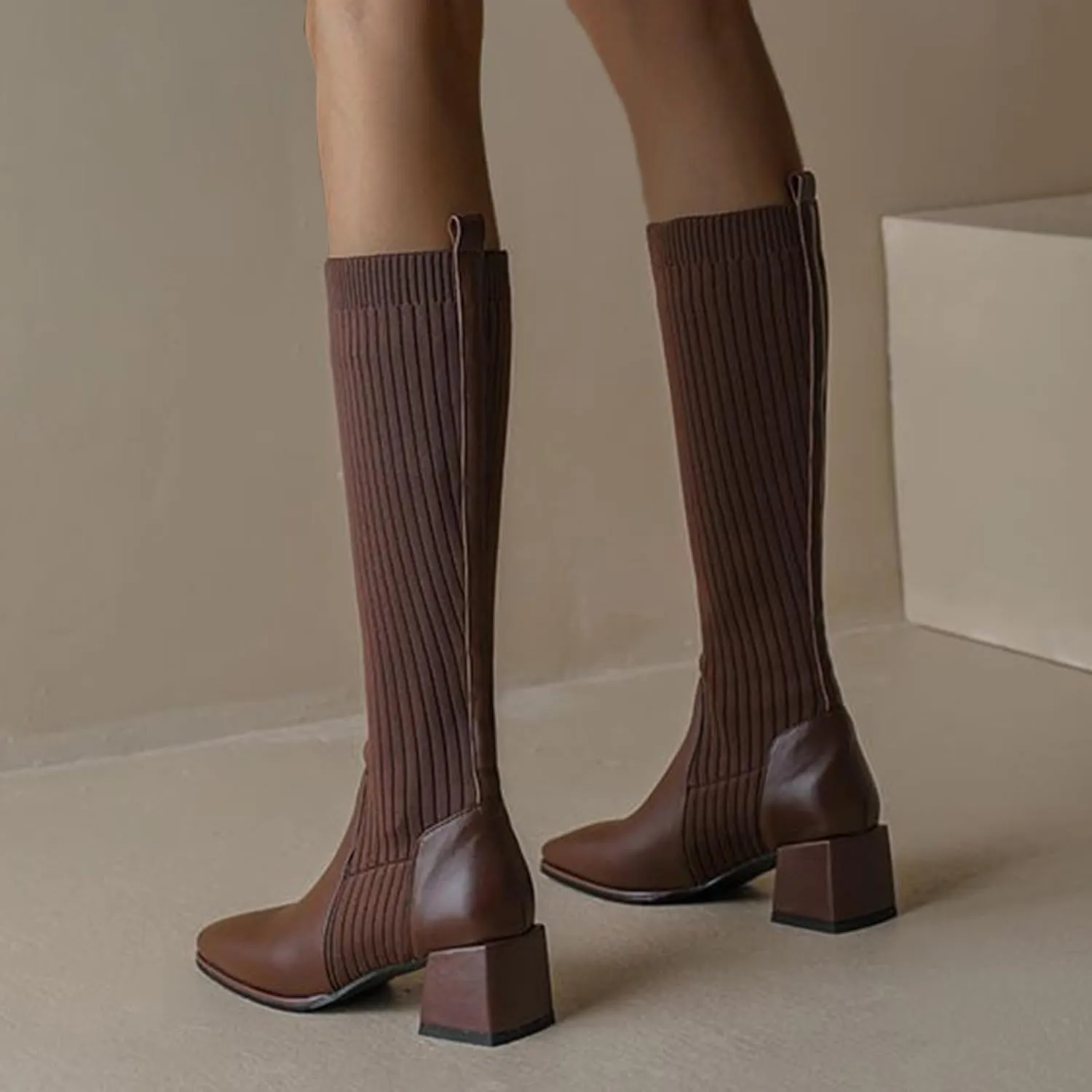 Women Mid Calf Boots Autumn And Winter Fashion Stretch Knitted Leather Stitching Pure Color Comfortable Square Toe Square Heel Rain Booth Woman