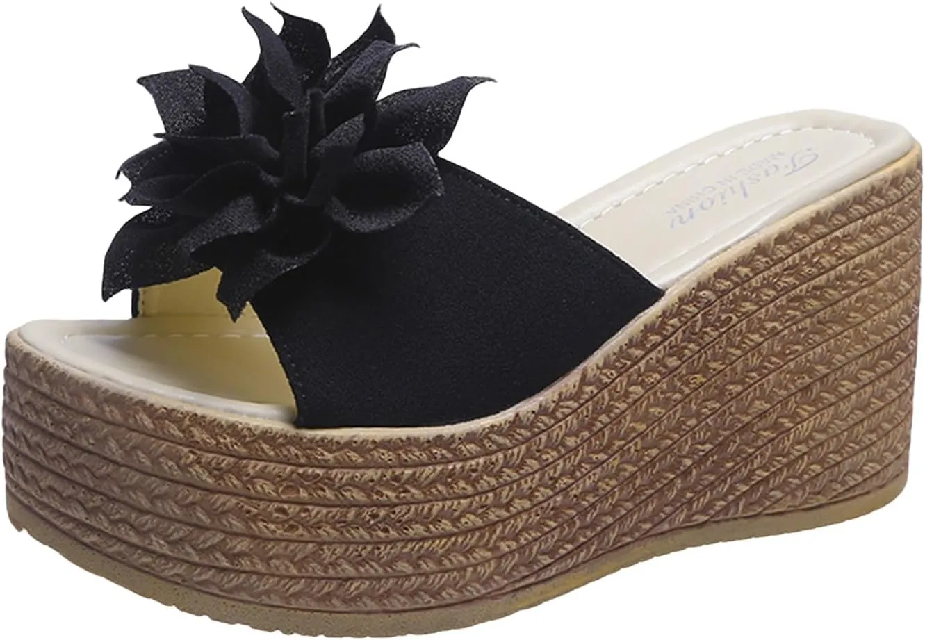 Women Platform Beach Slippers Wedge Heel Flip Flops Shoes Sandals Open Toe Ankle Dress Pumps Flower Shoe Vacation Sandal Muffins Patent Leather Travel Slipper High Heeled Bow-Knot Flip-Flops