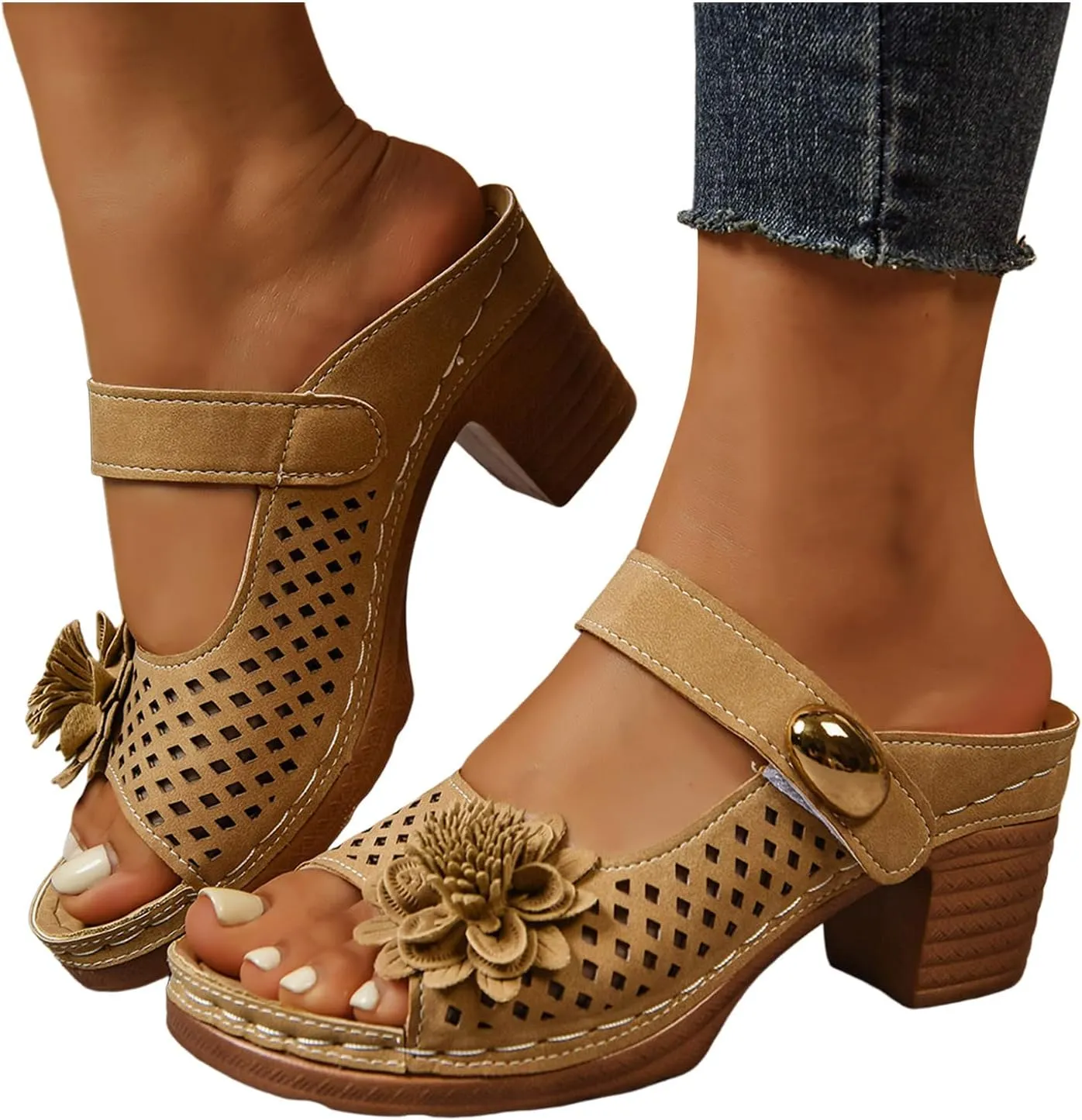 Women Sandals Comfortable Walking Fashionable Thick Heel Sandals For Women Thick Heel Fish Mouth One Word Flower