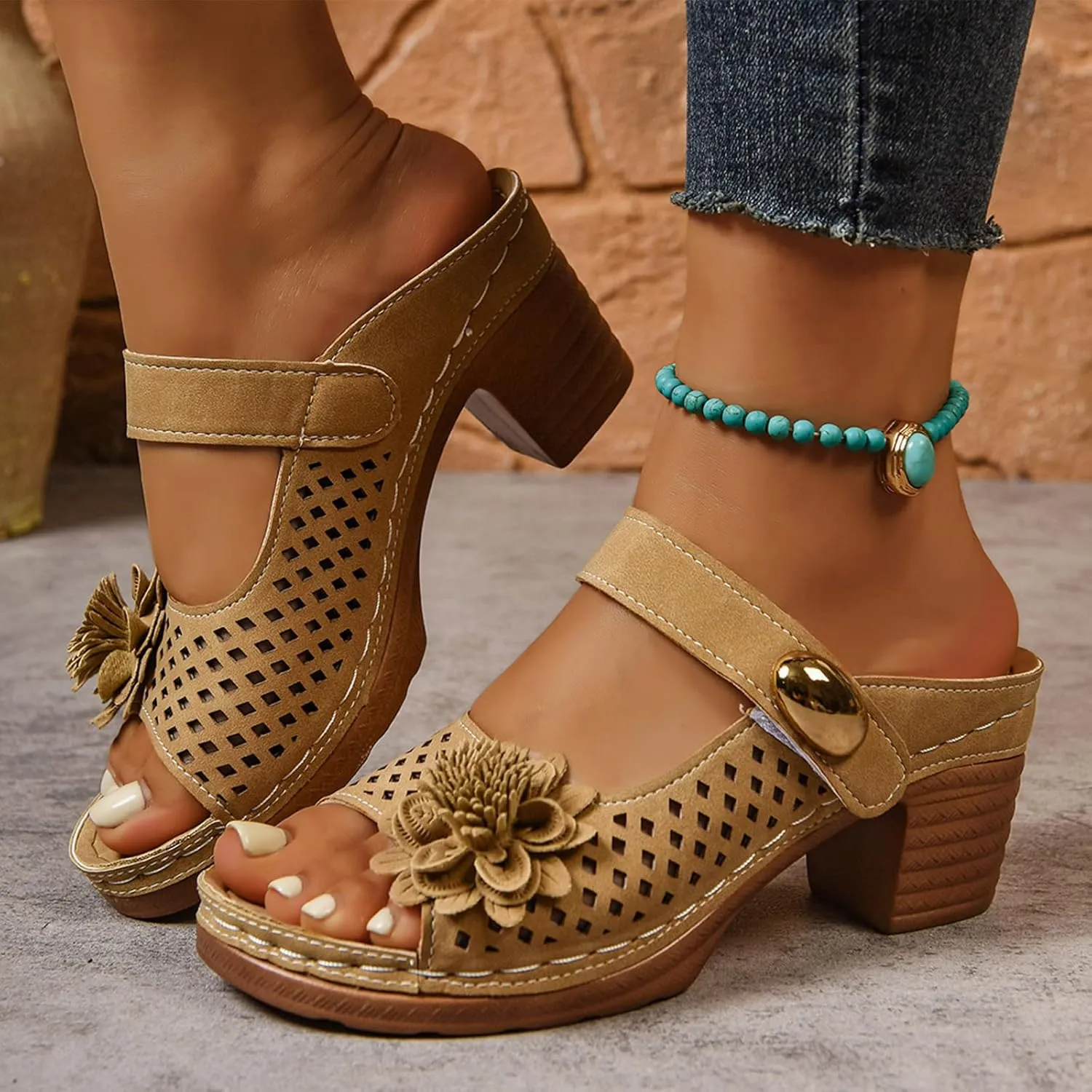 Women Sandals Comfortable Walking Fashionable Thick Heel Sandals For Women Thick Heel Fish Mouth One Word Flower