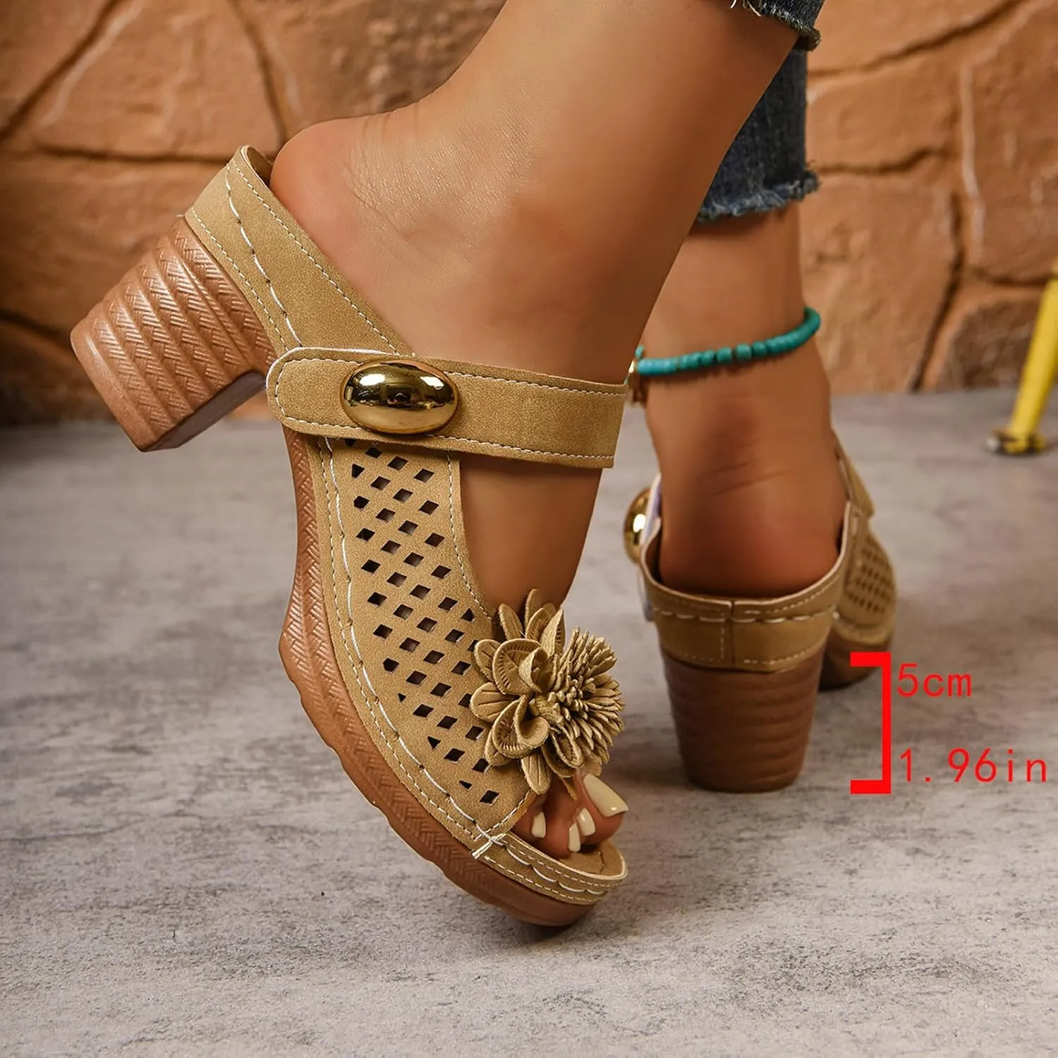 Women Sandals Comfortable Walking Fashionable Thick Heel Sandals For Women Thick Heel Fish Mouth One Word Flower