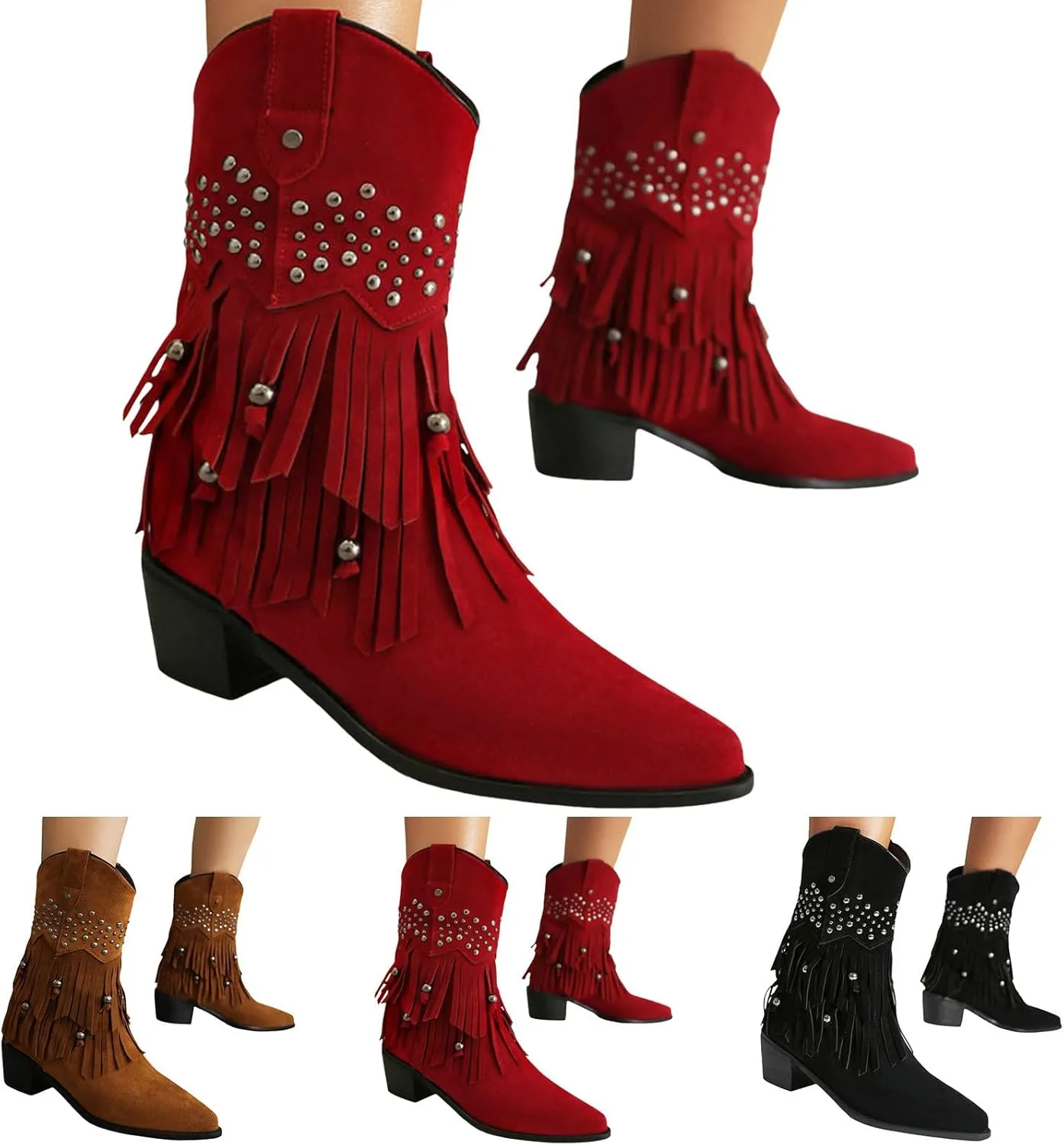 Women Western Boots Ankle Booties for Women Low Heel Women Cowboy Western Ankle Boots Pointed Toe Short Booties