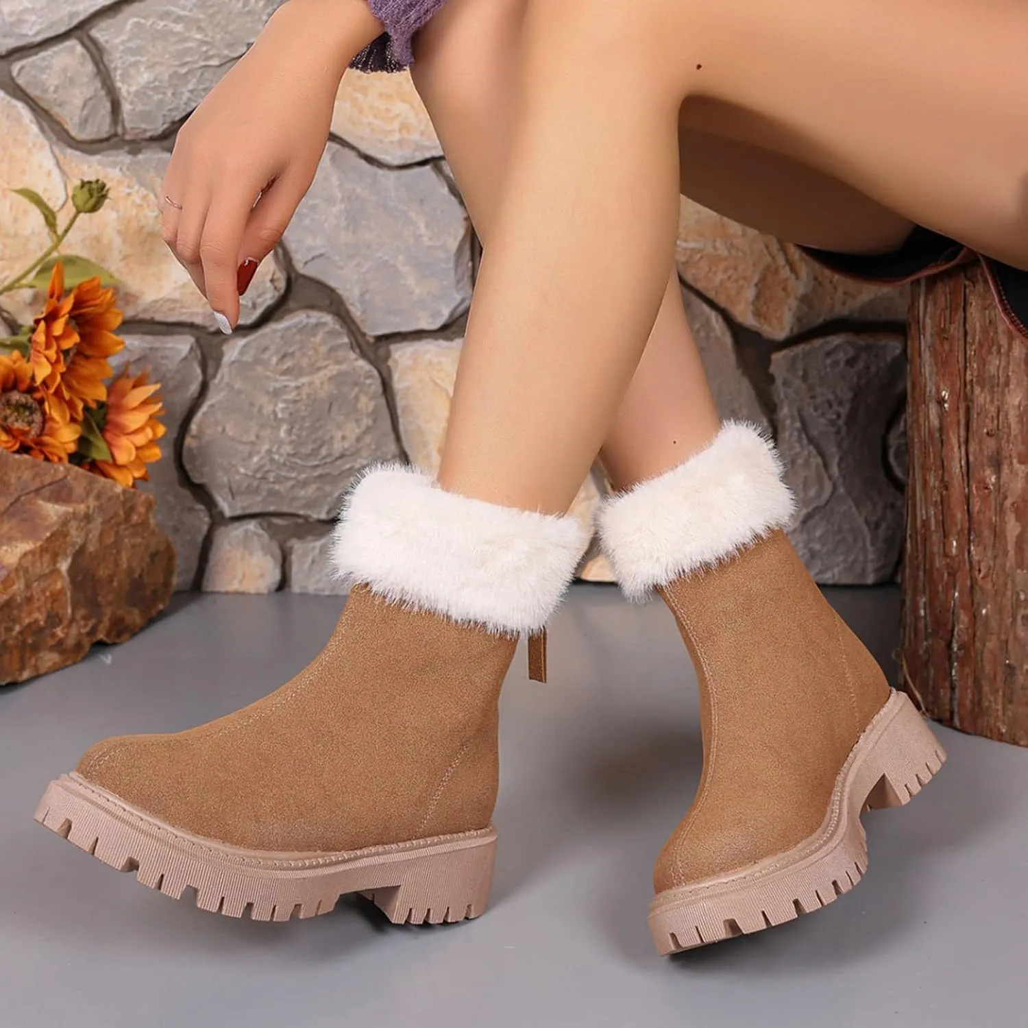 Women Winter Boots Short Boots Women Warm Ankle Boots Chunky Block Low Heel Comfortable Booties with Zipper