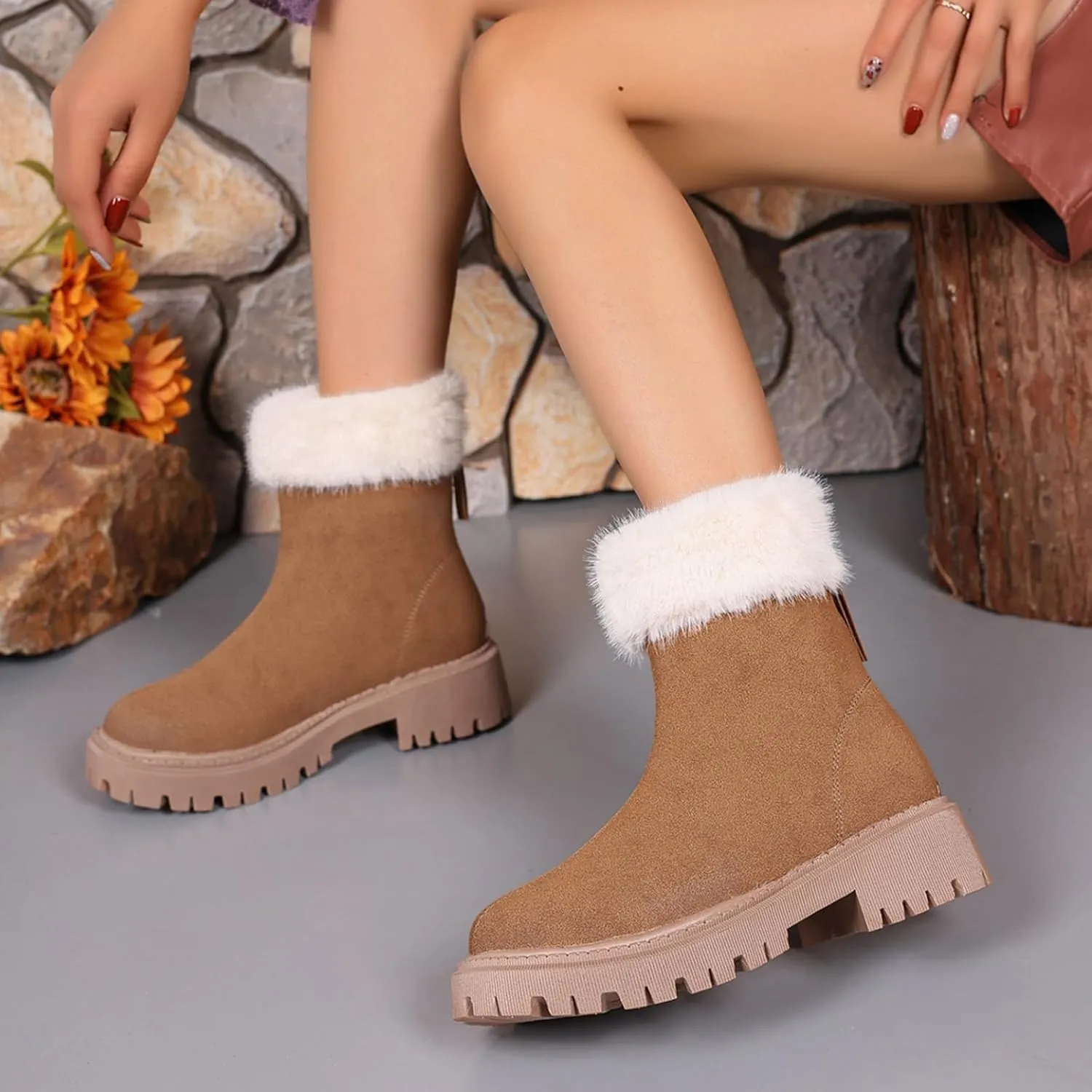 Women Winter Boots Short Boots Women Warm Ankle Boots Chunky Block Low Heel Comfortable Booties with Zipper
