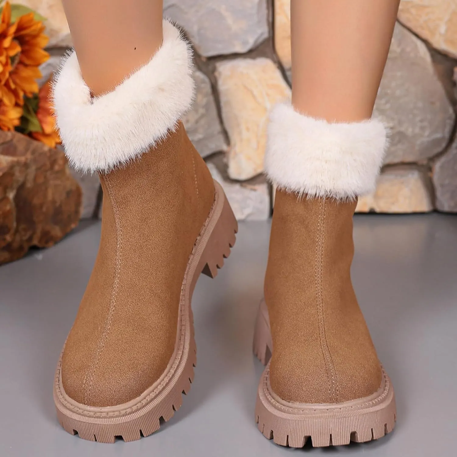 Women Winter Boots Short Boots Women Warm Ankle Boots Chunky Block Low Heel Comfortable Booties with Zipper