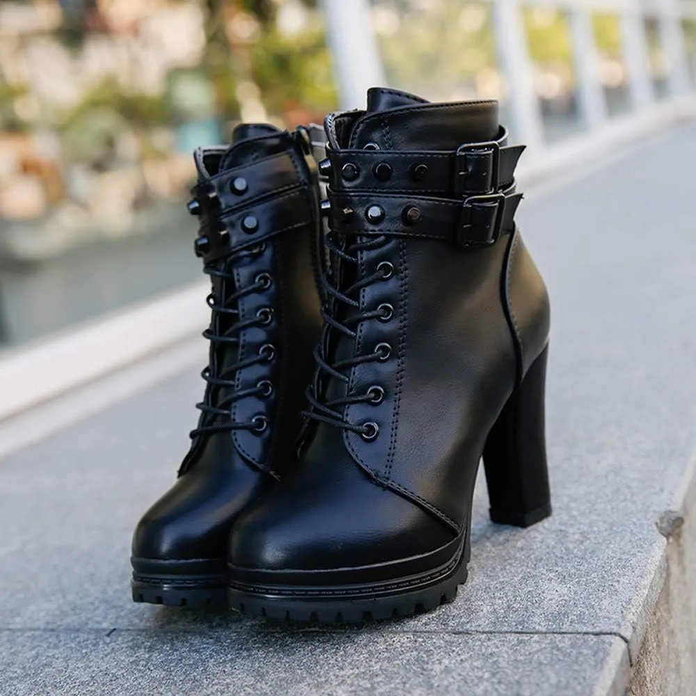 Women's Ankle Boots Lace Up Round Toe Chunky Block Ankle Boots High Heels Side Zipper Combat Boots with Office
