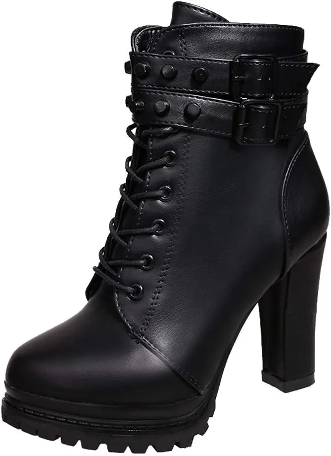 Women's Ankle Boots Lace Up Round Toe Chunky Block Ankle Boots High Heels Side Zipper Combat Boots with Office