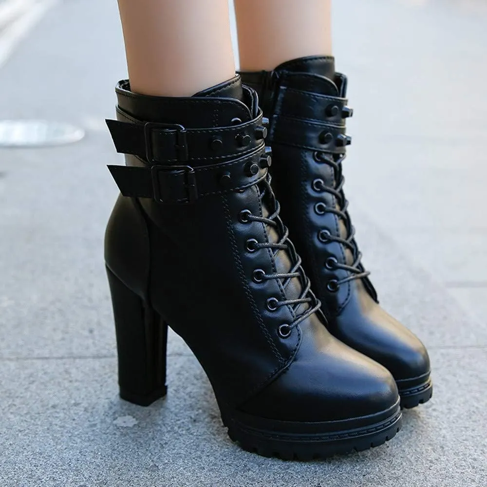 Women's Ankle Boots Lace Up Round Toe Chunky Block Ankle Boots High Heels Side Zipper Combat Boots with Office