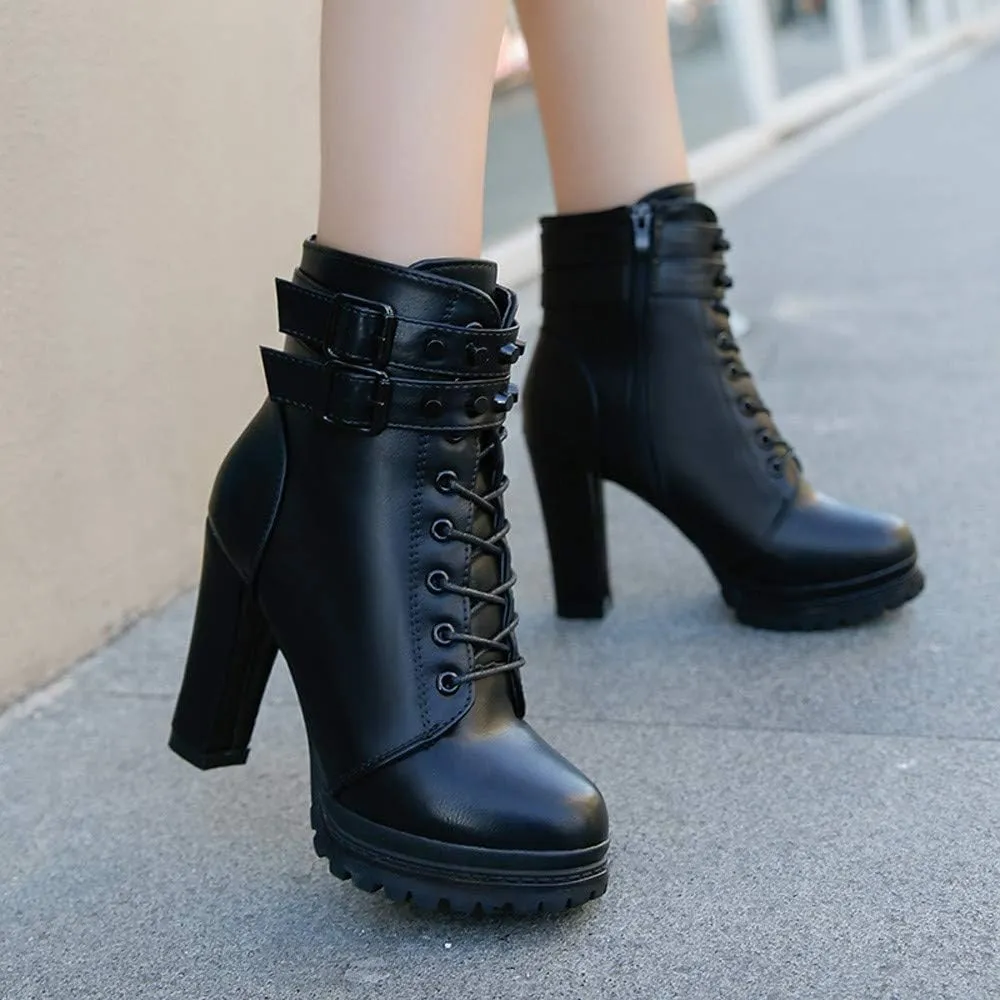 Women's Ankle Boots Lace Up Round Toe Chunky Block Ankle Boots High Heels Side Zipper Combat Boots with Office