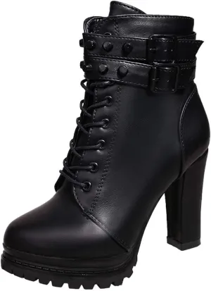 Women's Ankle Boots Lace Up Round Toe Chunky Block Ankle Boots High Heels Side Zipper Combat Boots with Office
