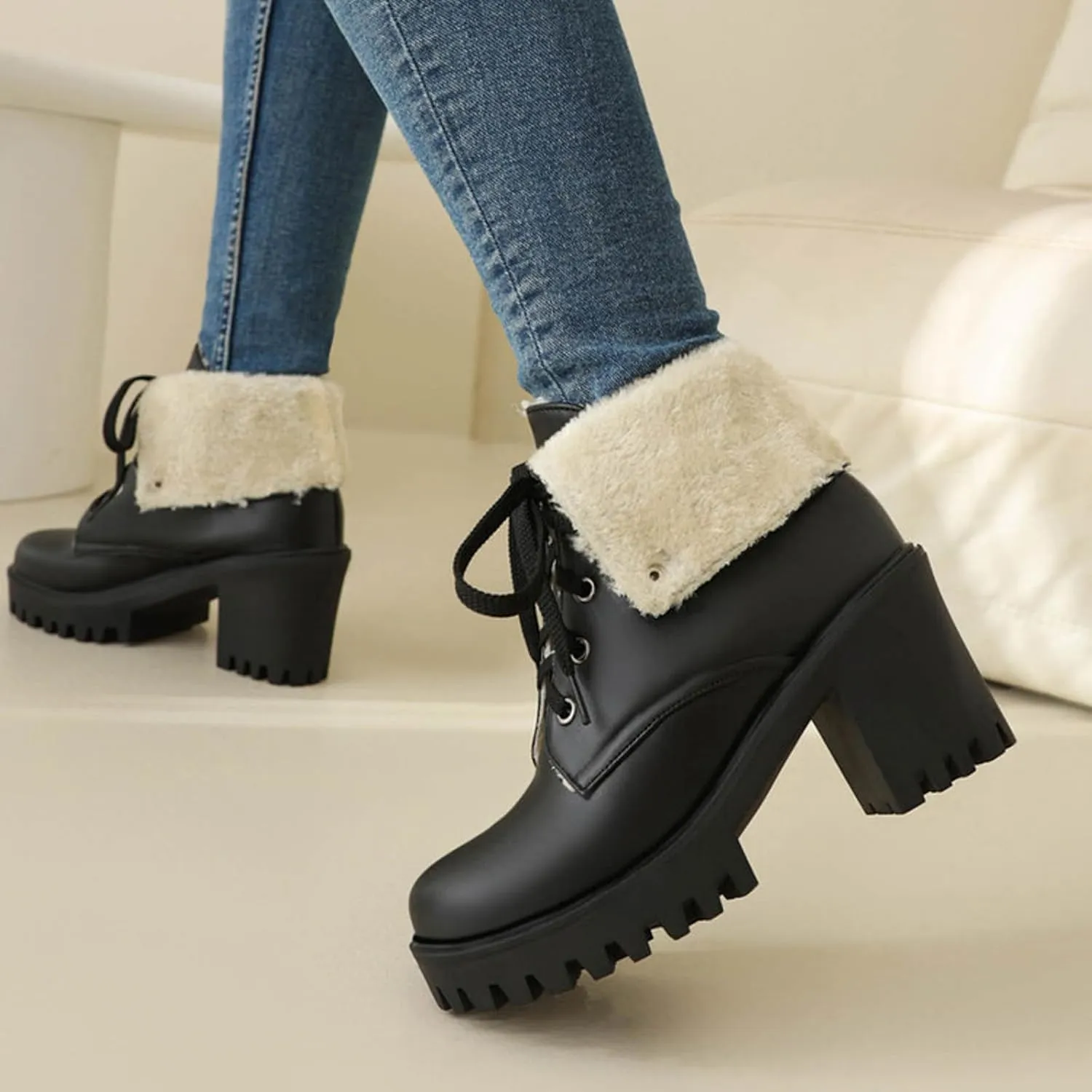 Women's Ankle Boots Slip On Platform Boots,Platform Boots for Women Heeled Combat Boots Chunky Heel Booties Round Toe Lace Up High Heel Ankle Boots Warm Fur Lined Winter Shoes for Party Work