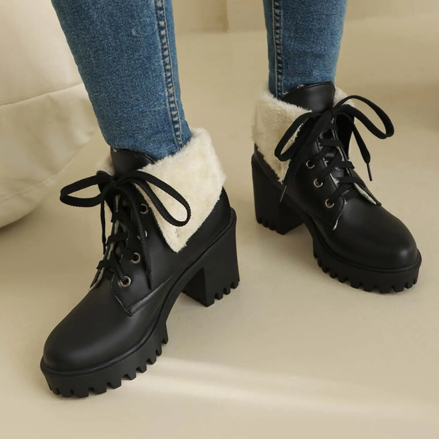 Women's Ankle Boots Slip On Platform Boots,Platform Boots for Women Heeled Combat Boots Chunky Heel Booties Round Toe Lace Up High Heel Ankle Boots Warm Fur Lined Winter Shoes for Party Work