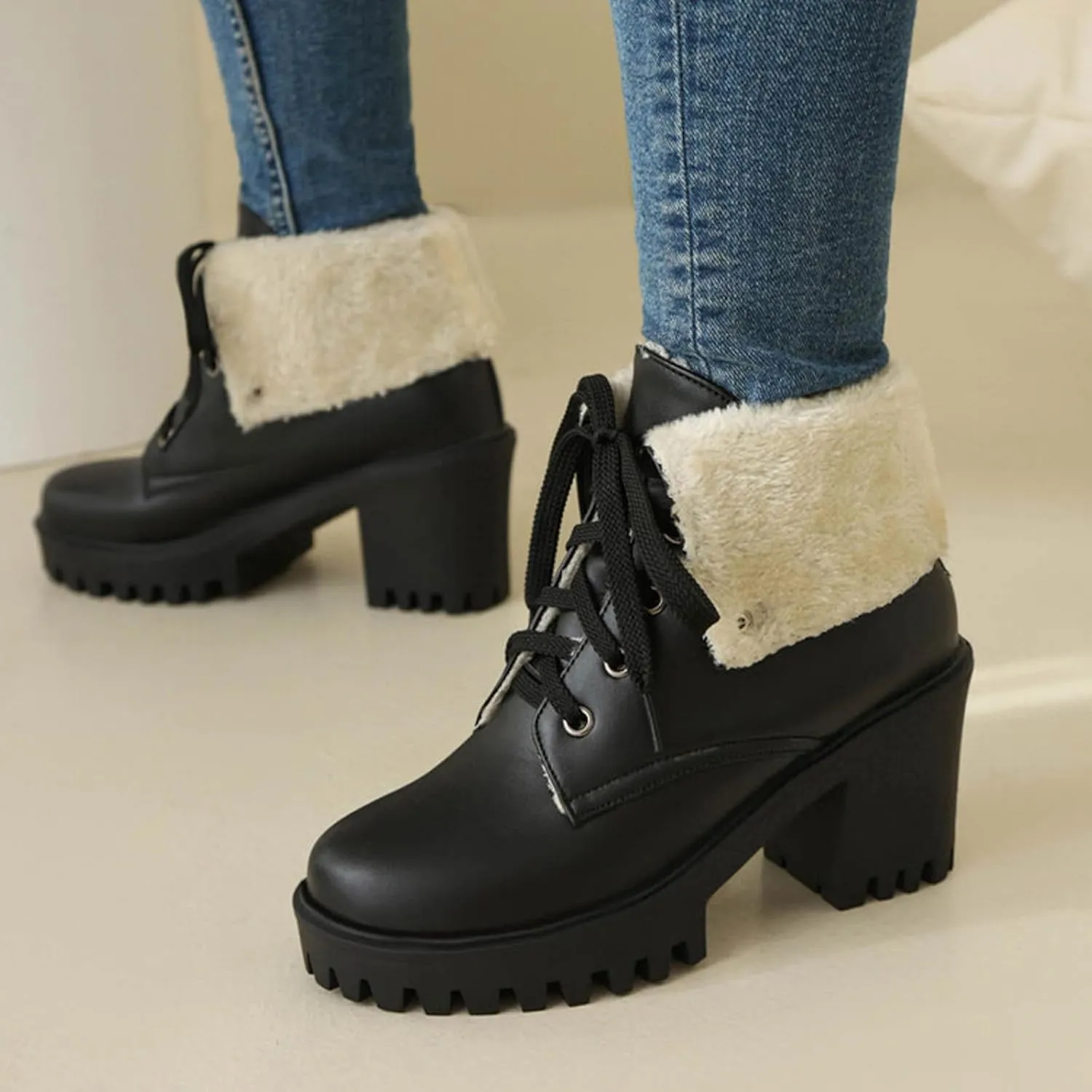 Women's Ankle Boots Slip On Platform Boots,Platform Boots for Women Heeled Combat Boots Chunky Heel Booties Round Toe Lace Up High Heel Ankle Boots Warm Fur Lined Winter Shoes for Party Work