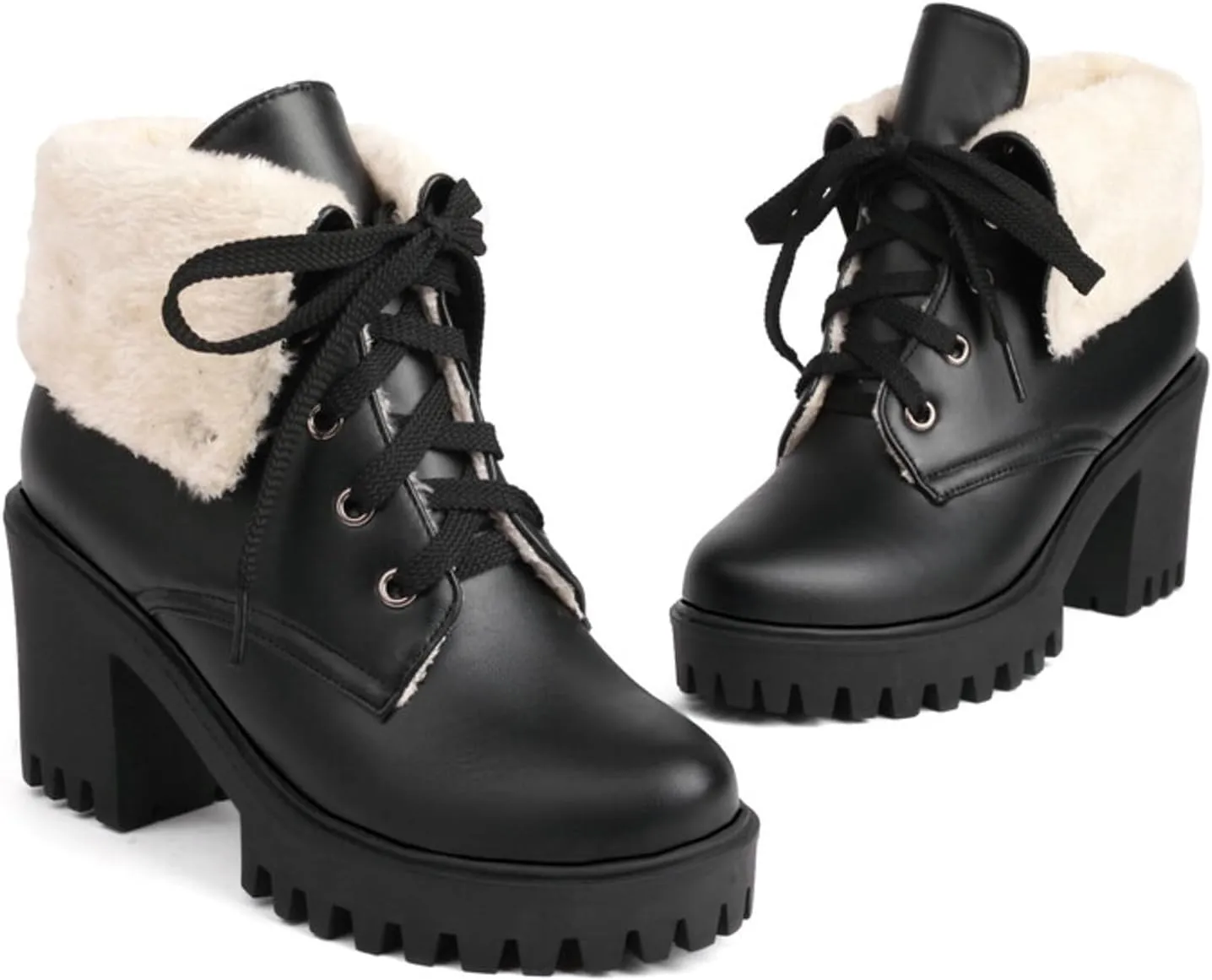 Women's Ankle Boots Slip On Platform Boots,Platform Boots for Women Heeled Combat Boots Chunky Heel Booties Round Toe Lace Up High Heel Ankle Boots Warm Fur Lined Winter Shoes for Party Work