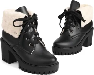 Women's Ankle Boots Slip On Platform Boots,Platform Boots for Women Heeled Combat Boots Chunky Heel Booties Round Toe Lace Up High Heel Ankle Boots Warm Fur Lined Winter Shoes for Party Work