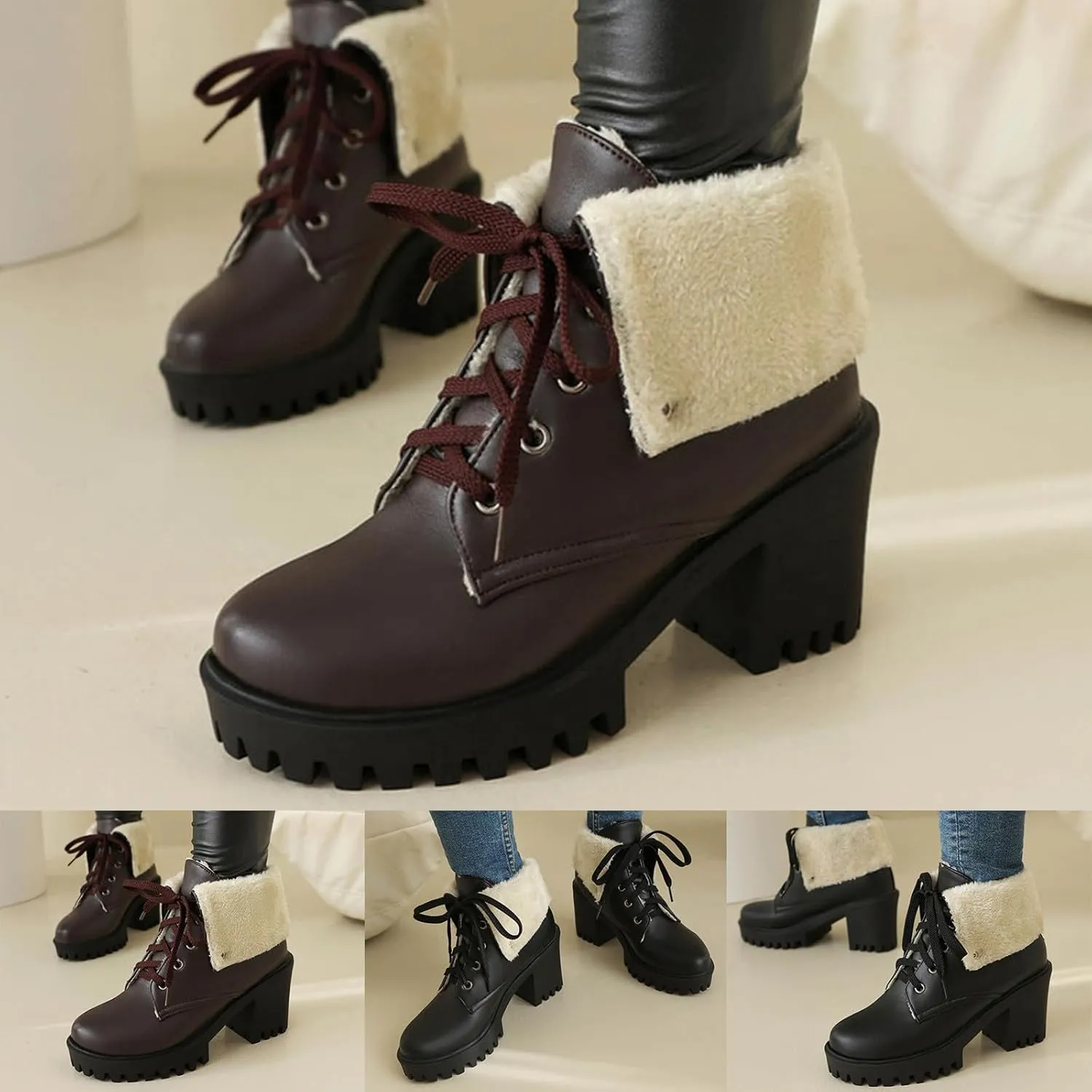 Women's Ankle Boots Slip On Platform Boots,Platform Boots for Women Heeled Combat Boots Chunky Heel Booties Round Toe Lace Up High Heel Ankle Boots Warm Fur Lined Winter Shoes for Party Work