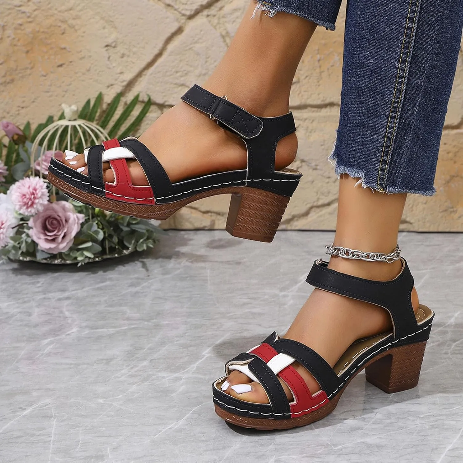 Womens Ankle-Strap Heeled Sandal Classic Low Block Chunky Heels Fashion Buckle Straps Open Toe Sandals Summer Dressy