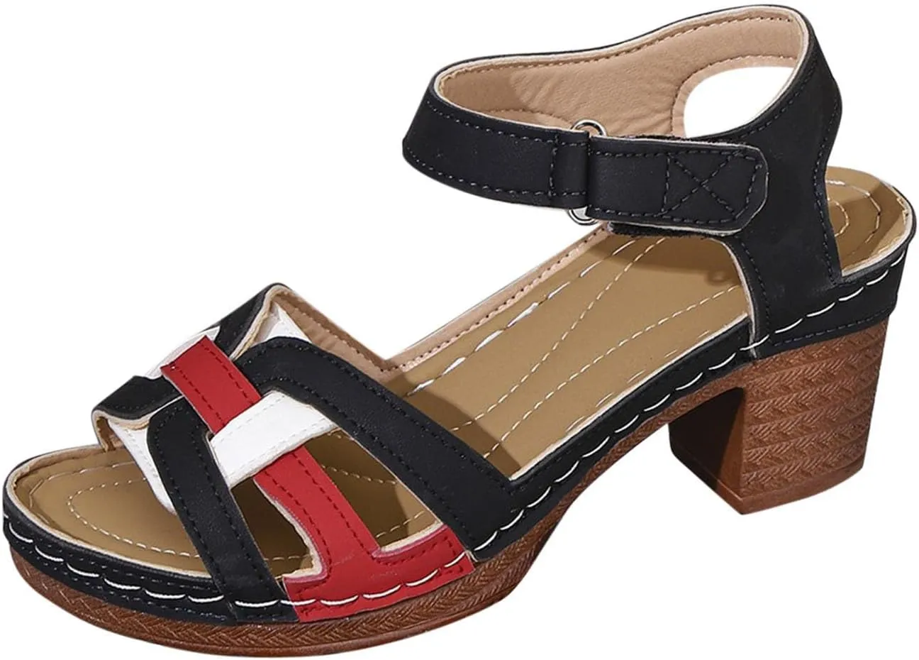 Womens Ankle-Strap Heeled Sandal Classic Low Block Chunky Heels Fashion Buckle Straps Open Toe Sandals Summer Dressy