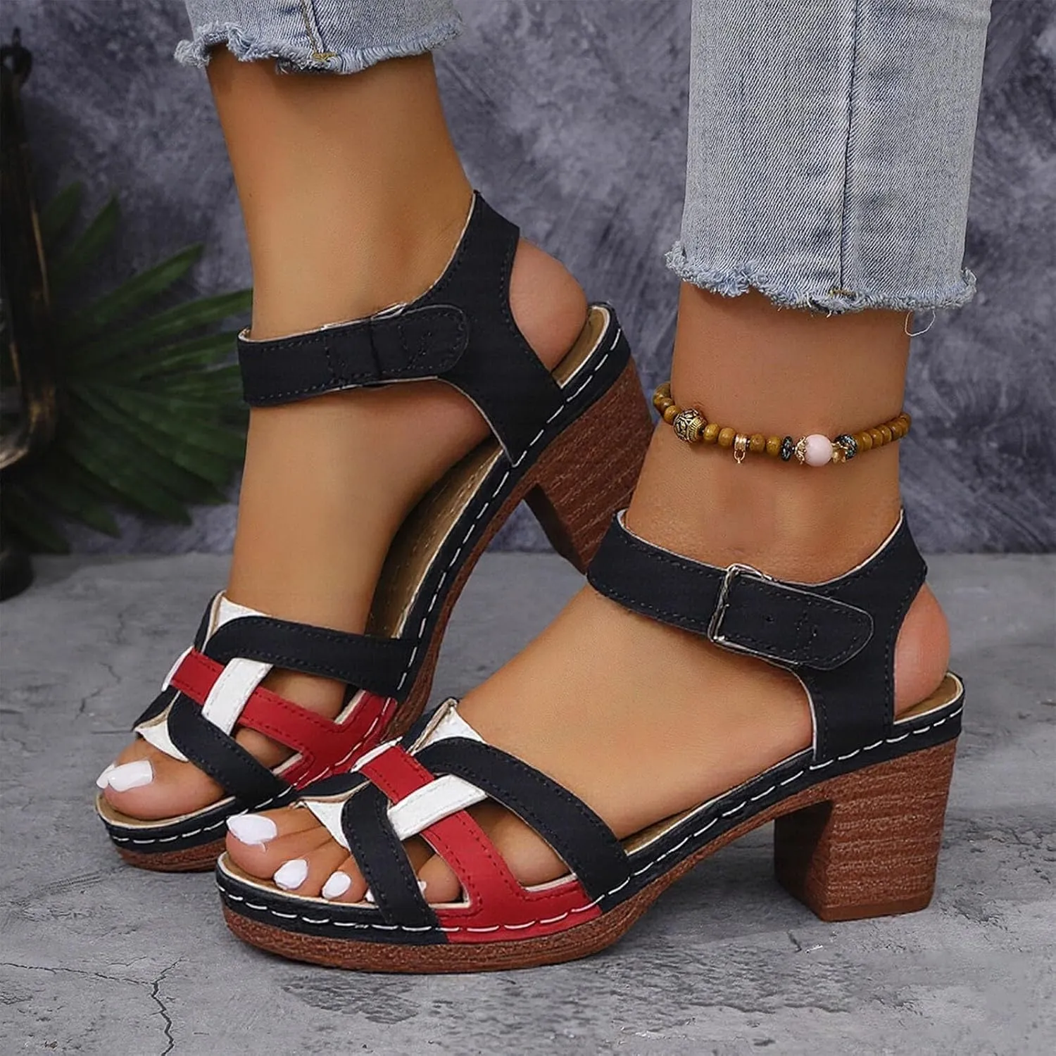 Womens Ankle-Strap Heeled Sandal Classic Low Block Chunky Heels Fashion Buckle Straps Open Toe Sandals Summer Dressy