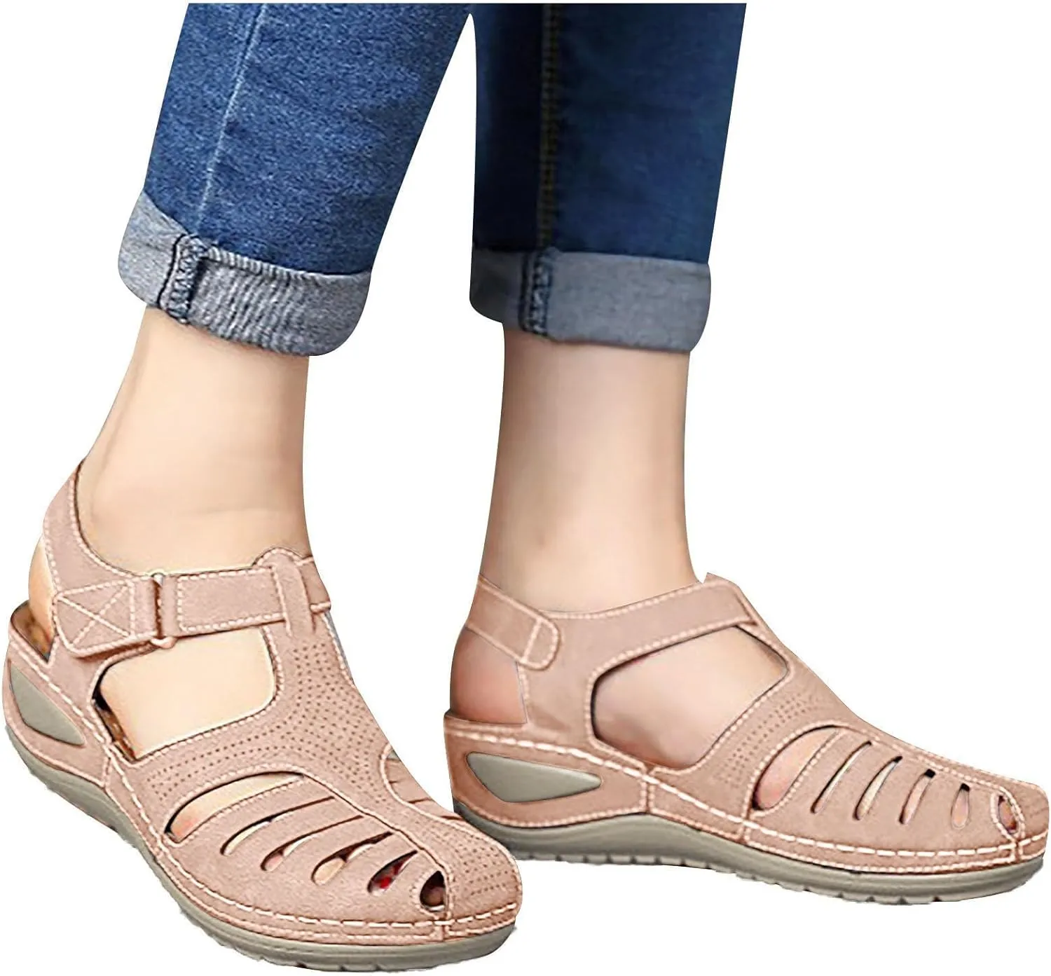 Womens Arch Support Orthopedic Sandals Adjustable Ankle Strap Wedge Sandals Summer Hollow Out Closed Toe Shoes