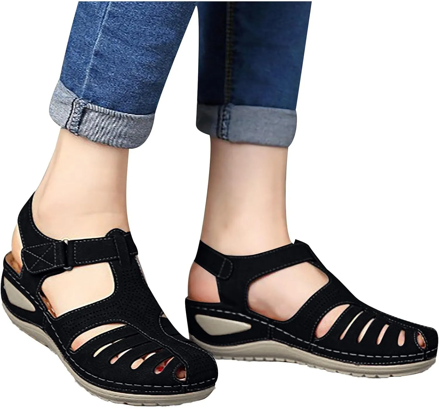 Womens Arch Support Orthopedic Sandals Adjustable Ankle Strap Wedge Sandals Summer Hollow Out Closed Toe Shoes