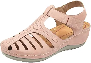 Womens Arch Support Orthopedic Sandals Adjustable Ankle Strap Wedge Sandals Summer Hollow Out Closed Toe Shoes